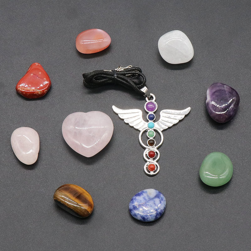 Angel Wing Gemstone Pendant Jewelry Set - Chakra Healing Crystal Necklace - Reiki Energy Stone Jewelry- New!