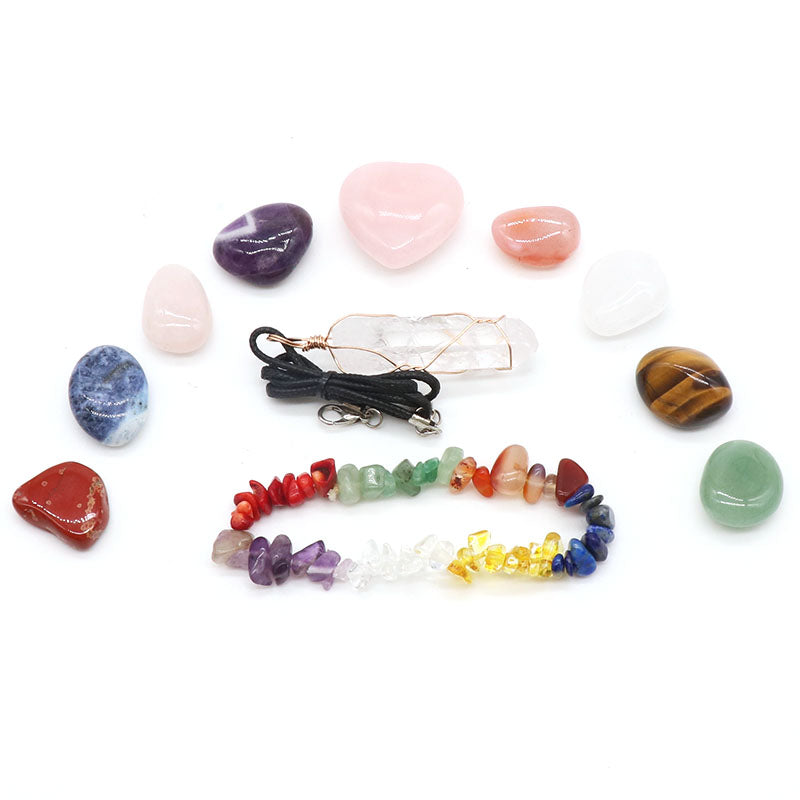 Healing Crystal Set with Quartz Wand - Natural Tumbled Stones + Chip Bracelet -Reiki Meditation Spiritual Gift- New!