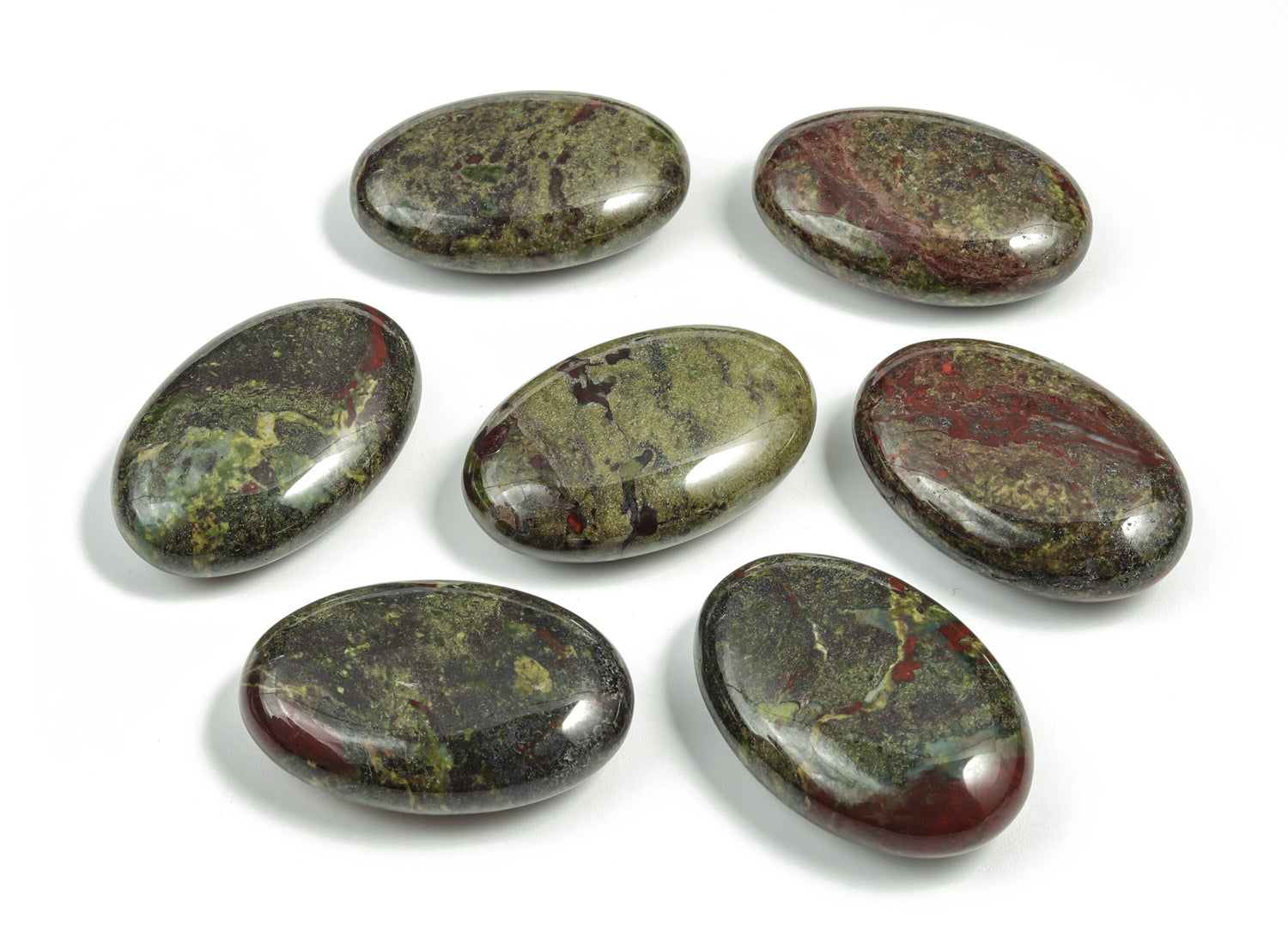 Dragon Blood Jasper palm gemstone spa stone, 45x35mm, polished natural red and brown gemstone, perfect for meditation or relaxation.