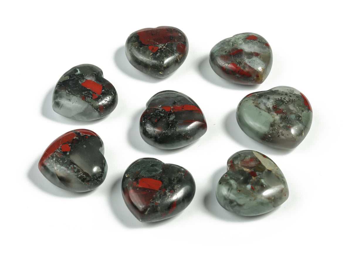 African Bloodstone heart-shaped gemstone, 25mm, from GemstoneGO, showcasing deep green and red mineral patterns.