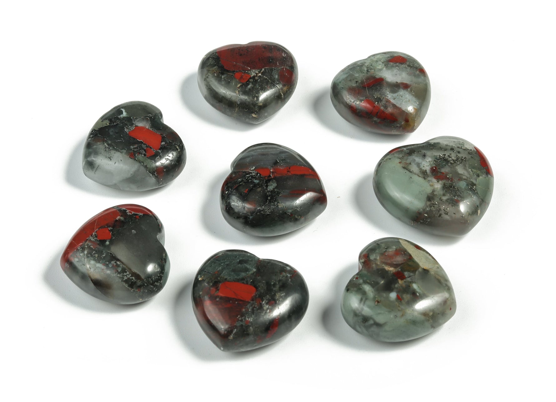 African Bloodstone heart-shaped gemstone, 25mm, from GemstoneGO, showcasing deep green and red mineral patterns.