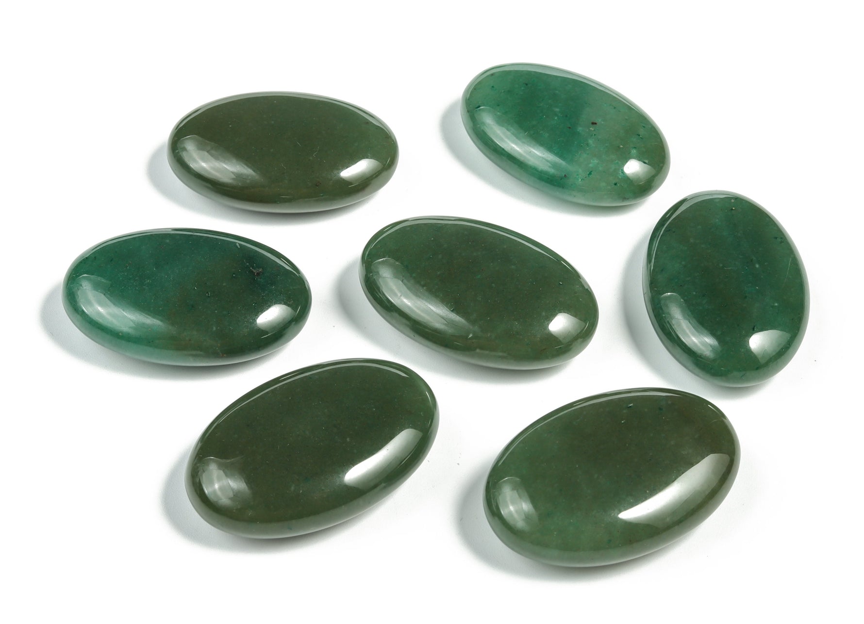 Aventurine palm gemstone spa stone, 45x35mm, smooth polished surface, natural green aventurine with subtle mineral inclusions.