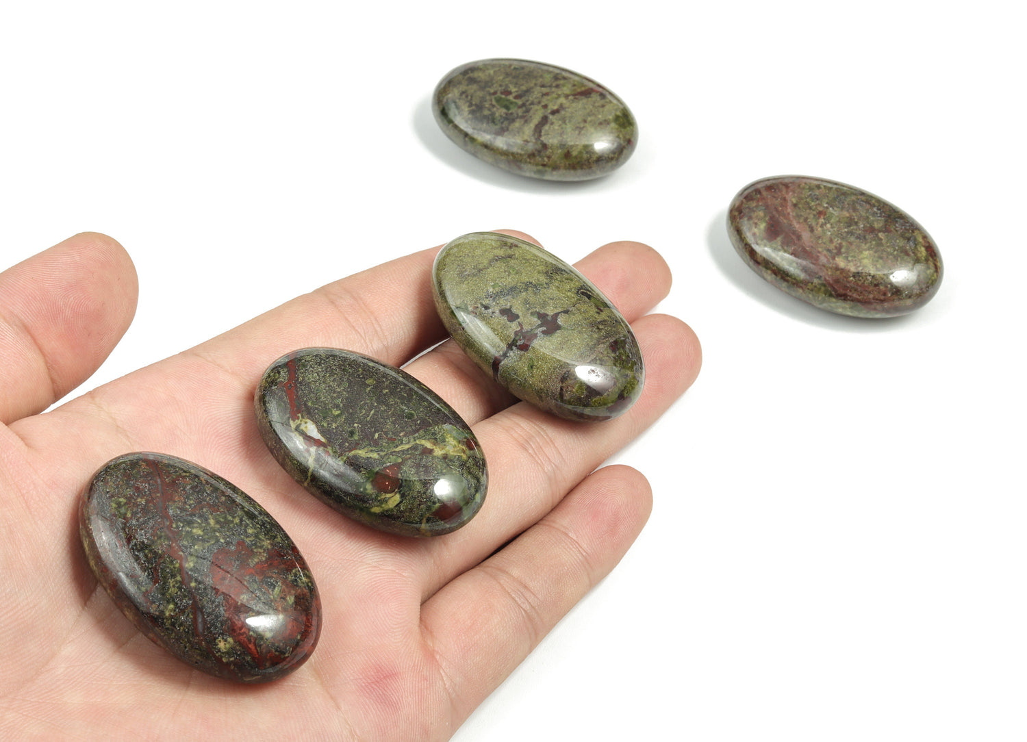 Dragon Blood Jasper palm gemstone spa stone, 45x35mm, smooth polished red and brown natural stone for healing and relaxation.