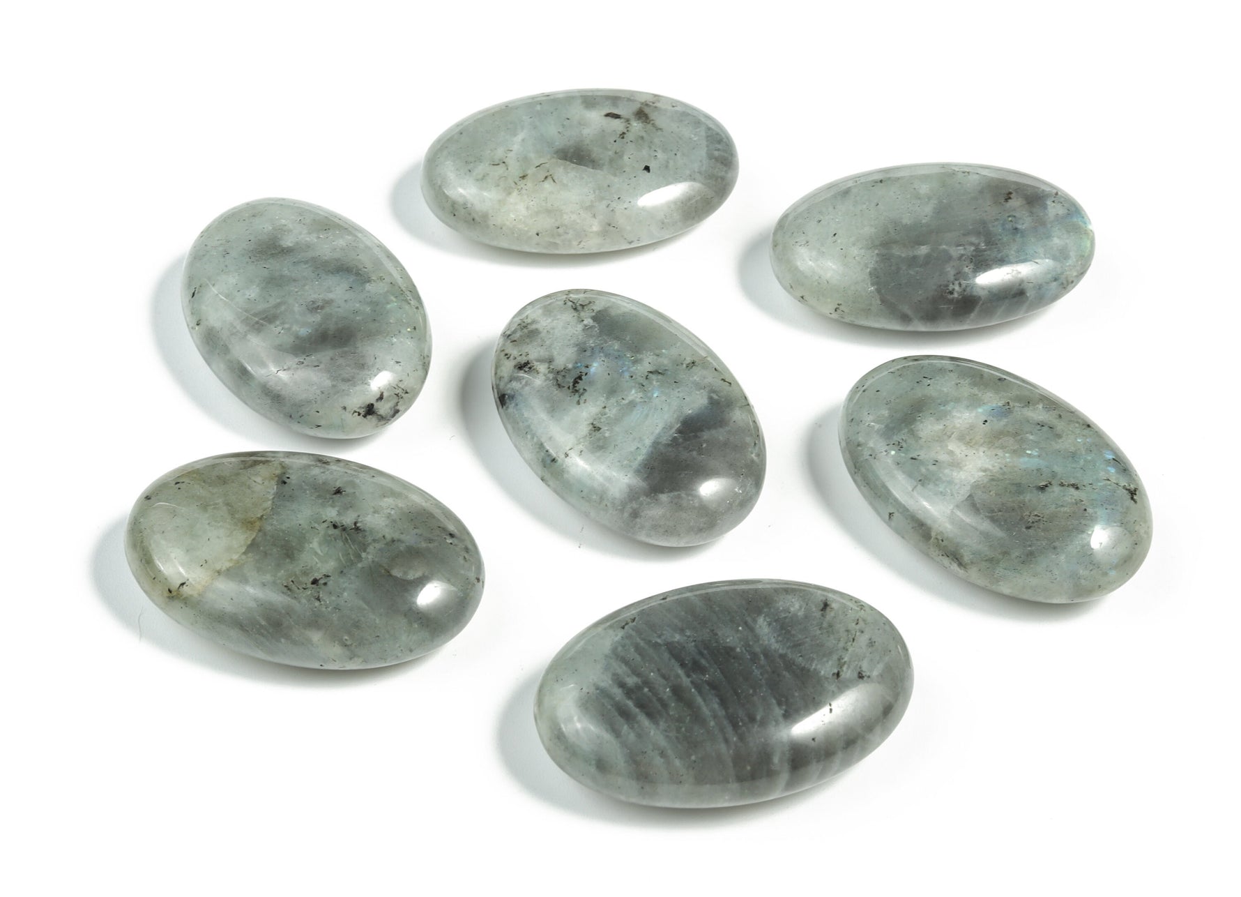 Labradorite palm gemstone spa stone, 45x35mm, polished natural mineral used for relaxation and massage therapy.