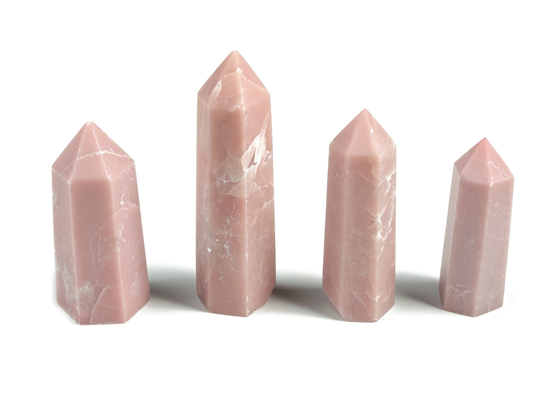Pink Opal obelisk tower crystal from GemstoneGO, showing a polished pink gemstone with a pointed top and smooth base.