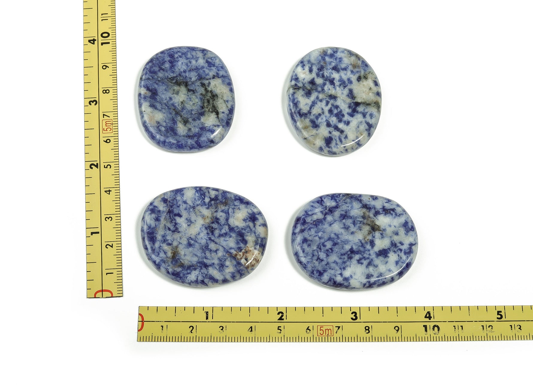 Blue Spot Jasper flat gemstone slab from GemstoneGO, showcasing vibrant blue and black spot patterns on a smooth crystal surface.