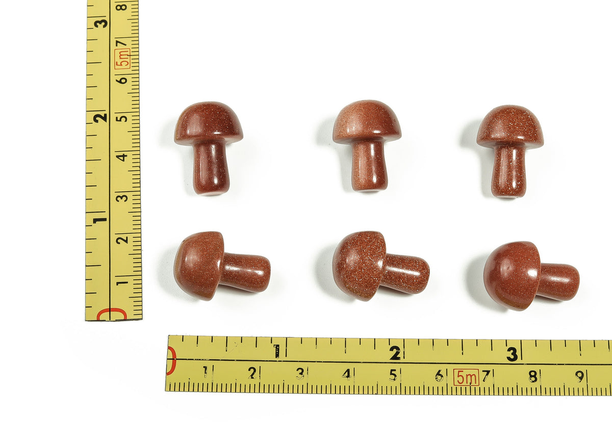 Goldstone mushroom carved gemstone pendant, 20mm, showcasing intricate mushroom design in sparkling goldstone, from GemstoneGO.
