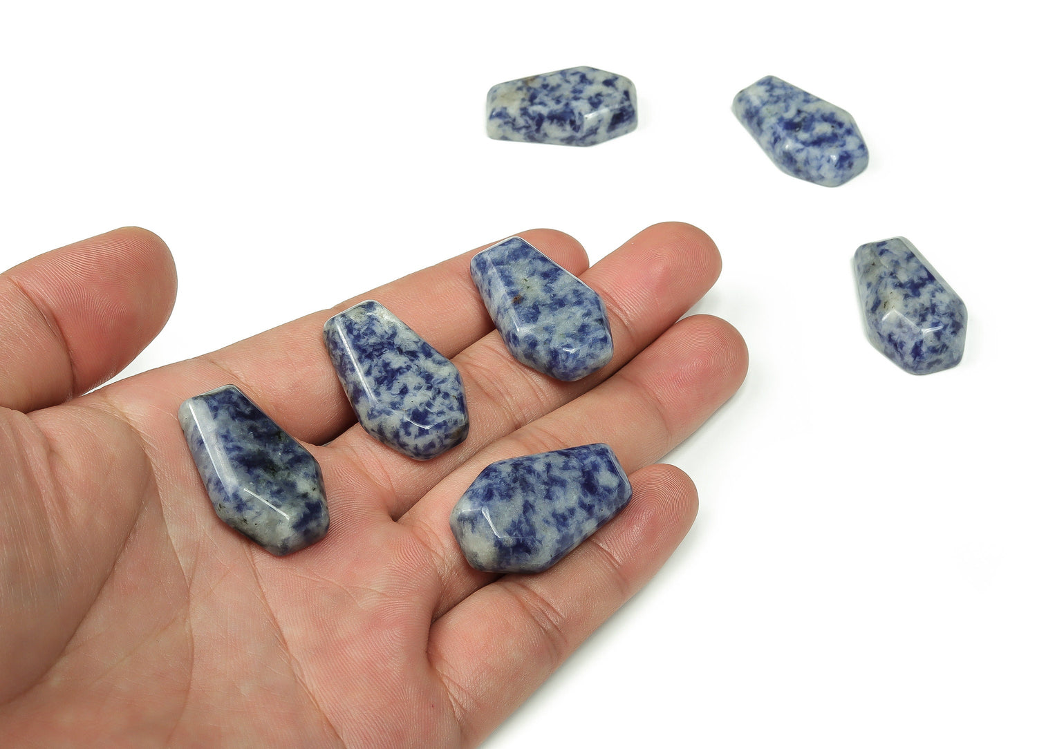 Blue Spot Jasper coffin cabochon crystal carving, 30mm gemstone with intricate polished details from GemstoneGO.