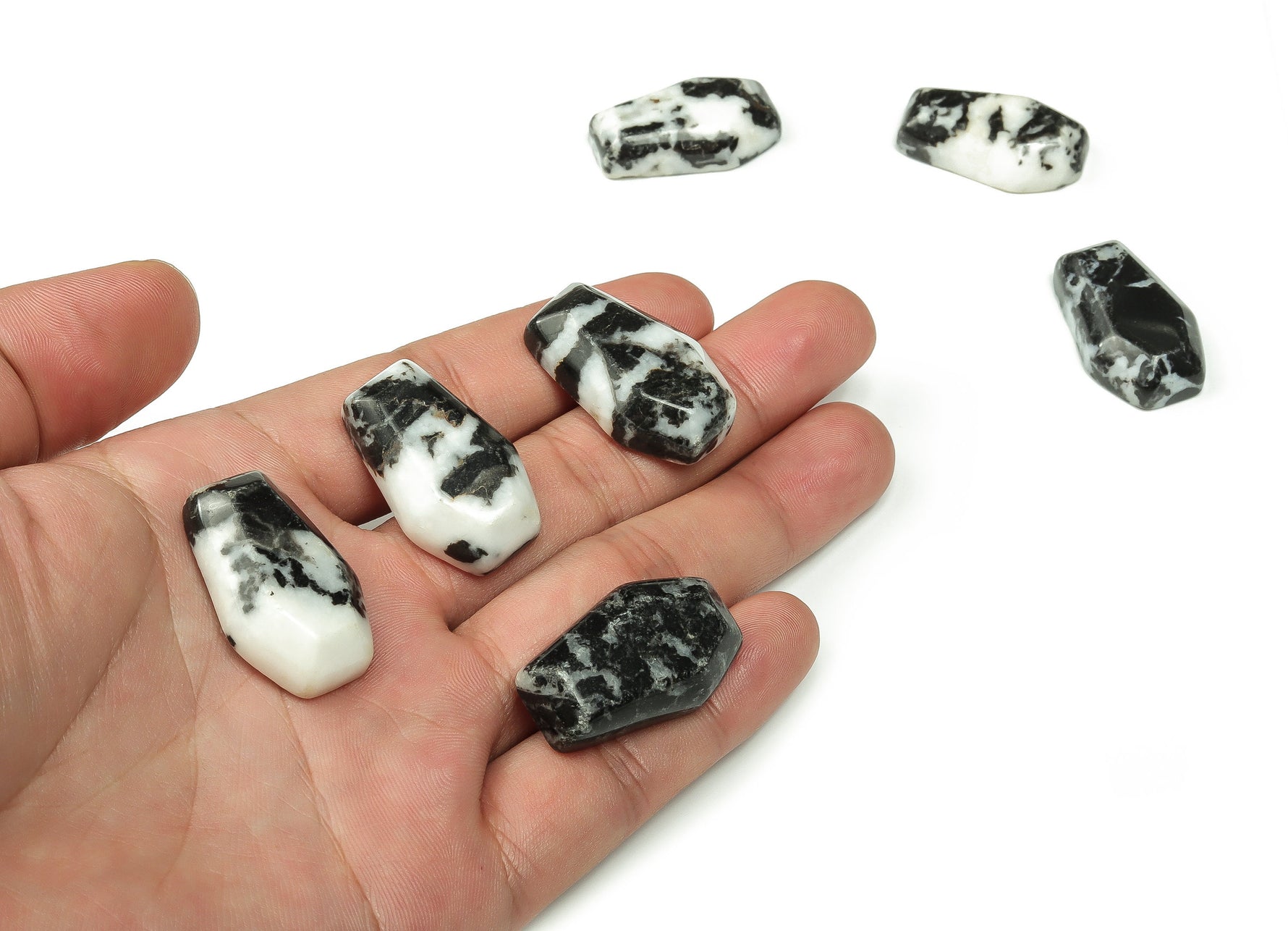 Zebra Calcite coffin-shaped crystal cabochon, 30mm gemstone carving from GemstoneGO showing black and white striped patterns
