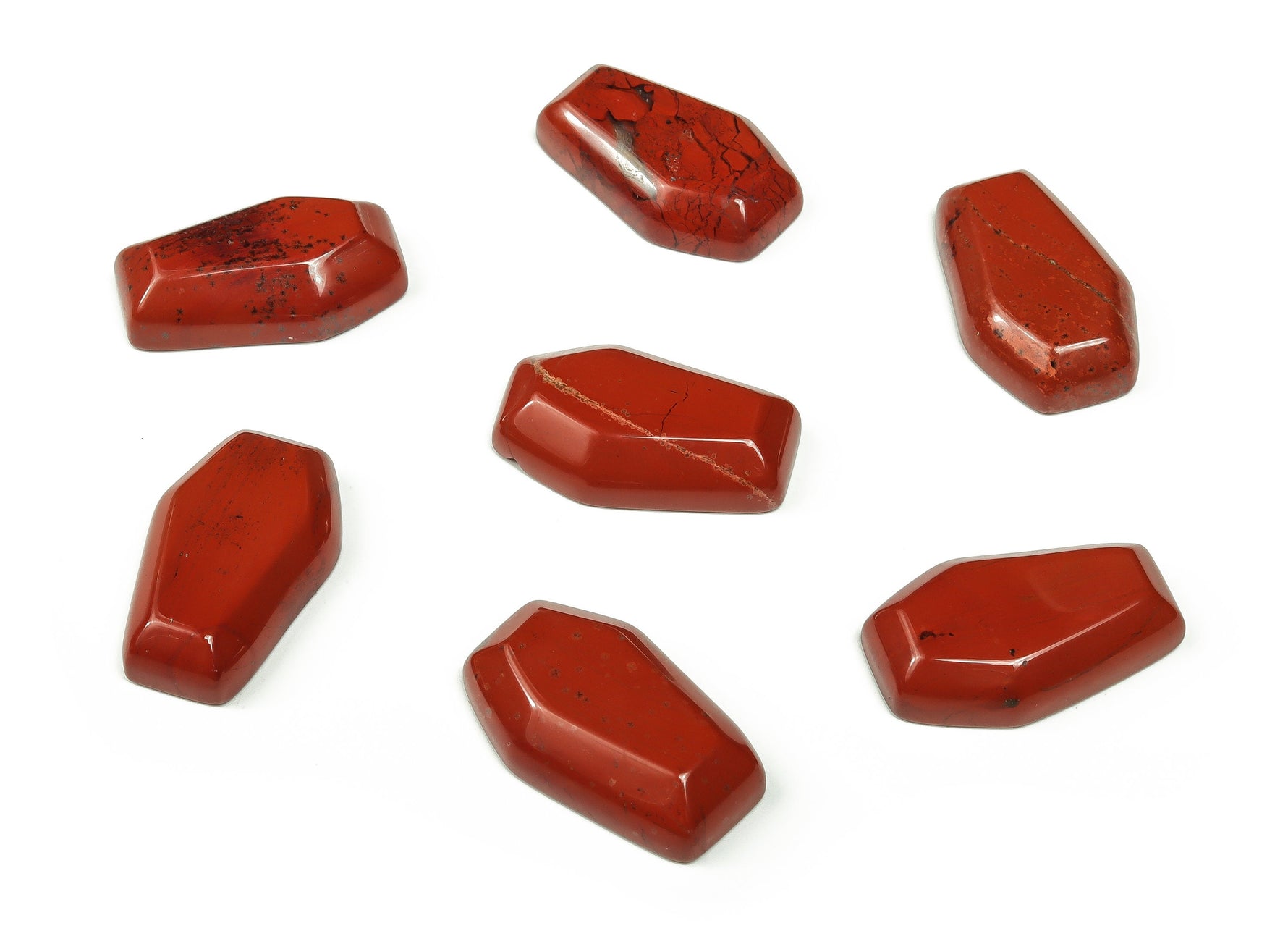 Red Jasper coffin-shaped crystal cabochon with detailed carving, 30mm, from GemstoneGO.