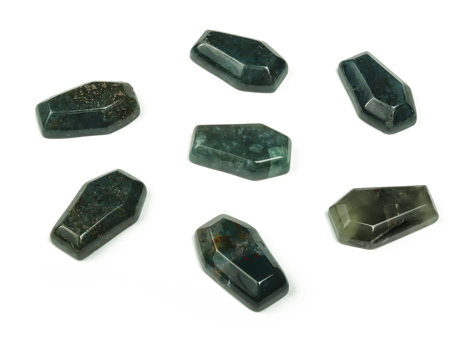 Moss agate coffin-shaped cabochon crystal carving from GemstoneGO, 30mm, showcasing intricate natural moss patterns inside the stone.