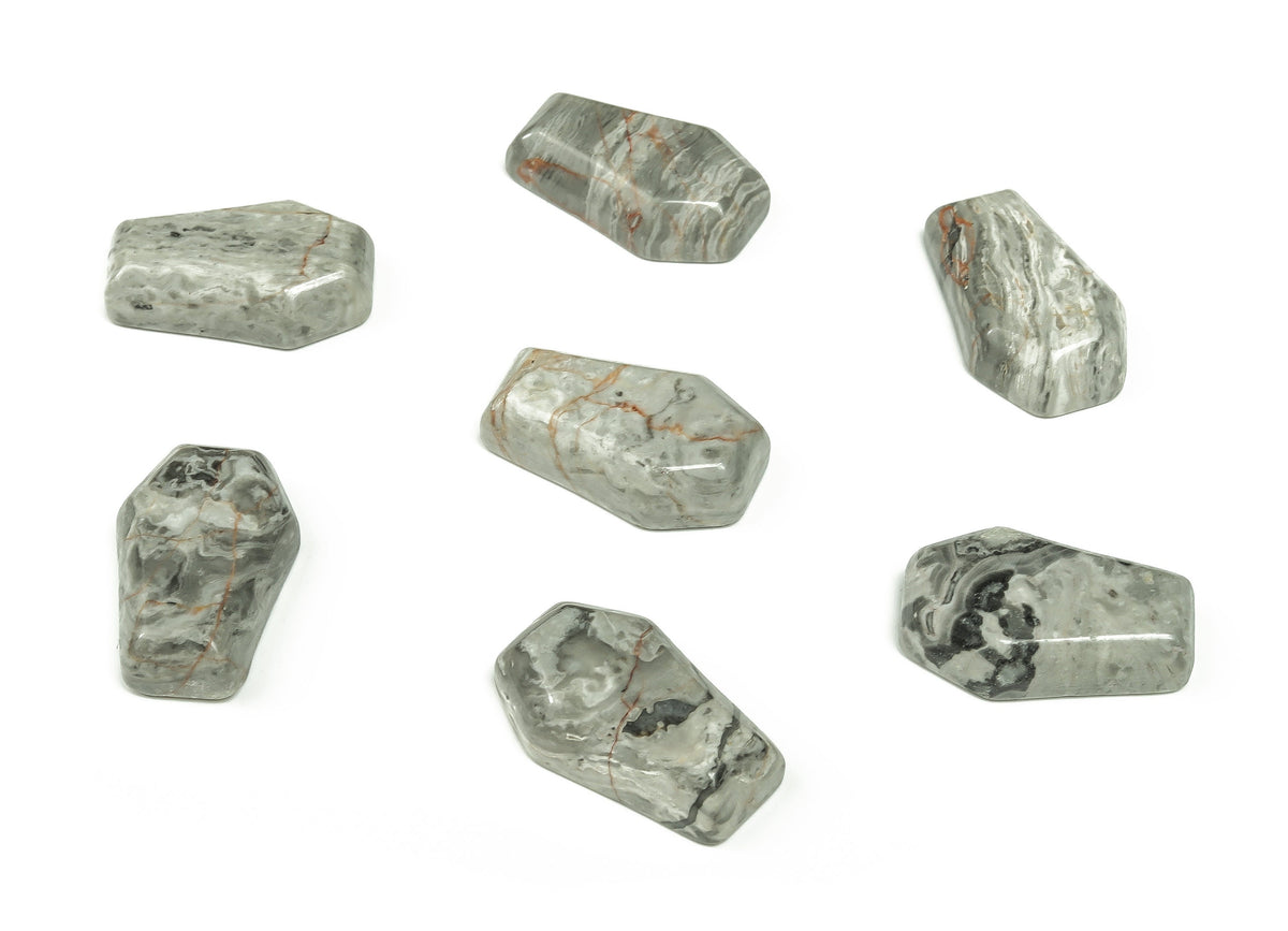 Pink Picasso Jasper coffin-shaped crystal cabochon, 30mm, showcasing intricate carving and vibrant gemstone details.