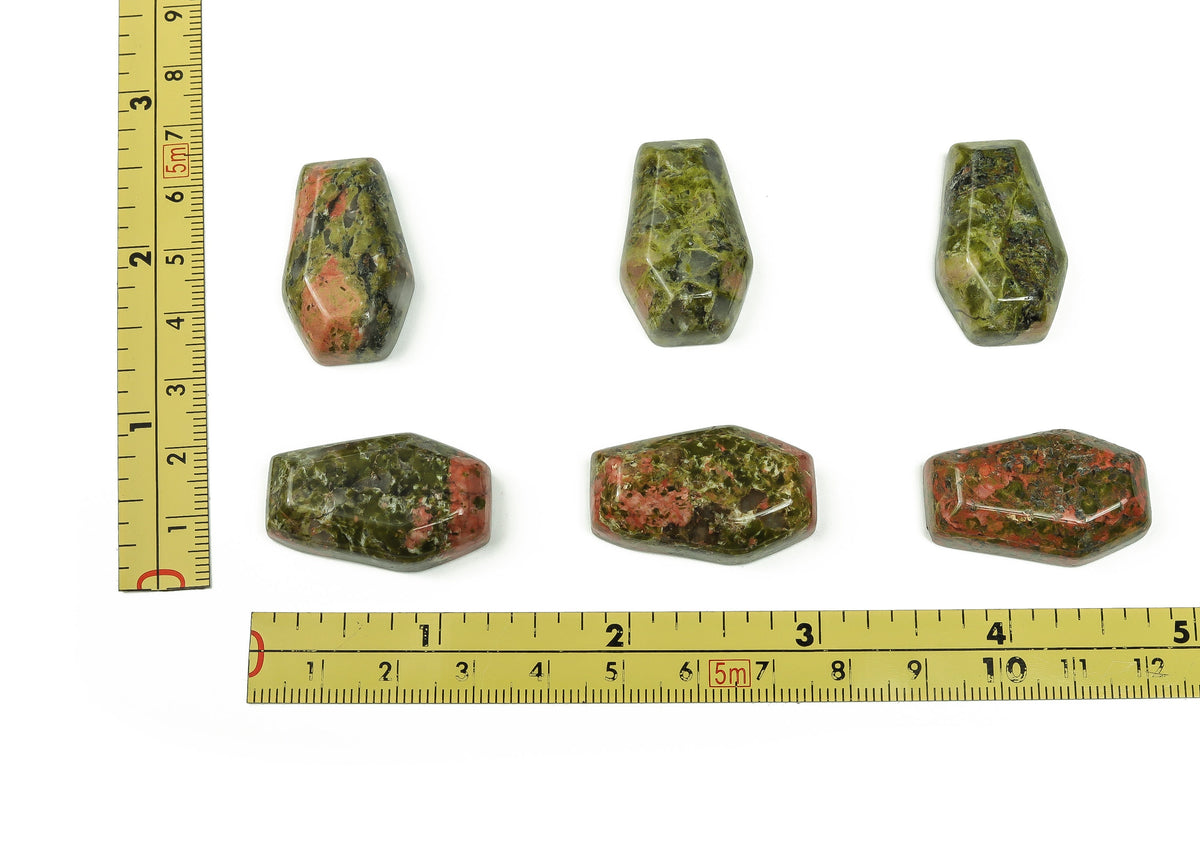 Unakite coffin-shaped crystal cabochon, 30mm, gemstone carving by GemstoneGO showcasing vibrant green and pink hues.