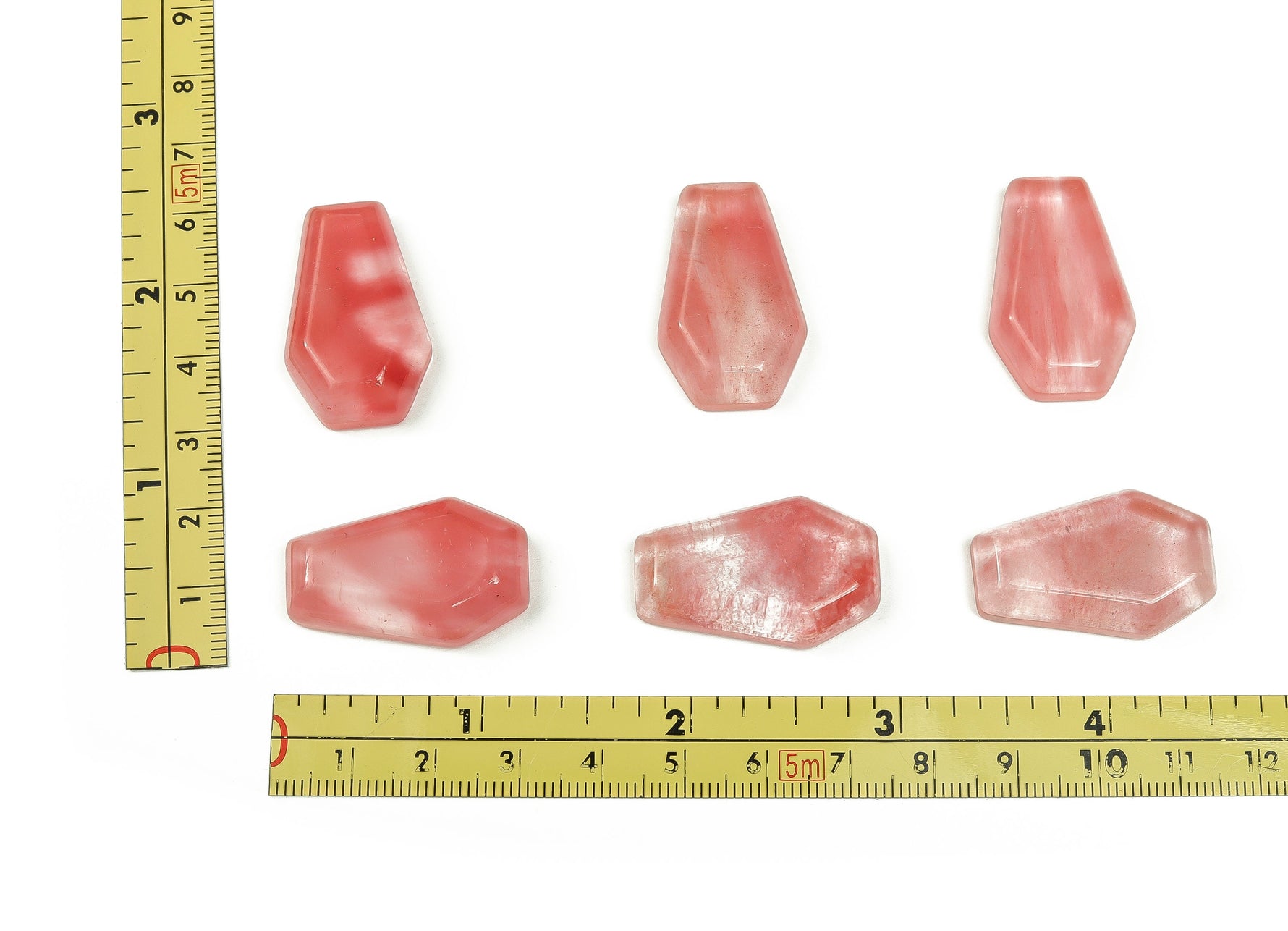 Cherry Quartz coffin-shaped cabochon from GemstoneGO, 30mm crystal carving with rich red color and smooth polished surface.