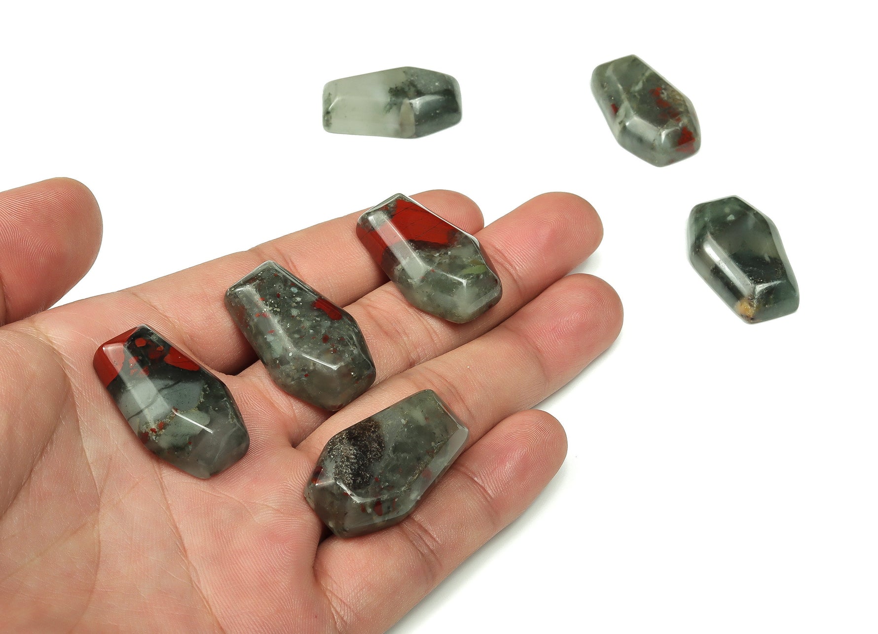 African Bloodstone coffin-shaped crystal cabochon, 30mm gemstone carving from GemstoneGO featuring rich green and red mineral patterns.