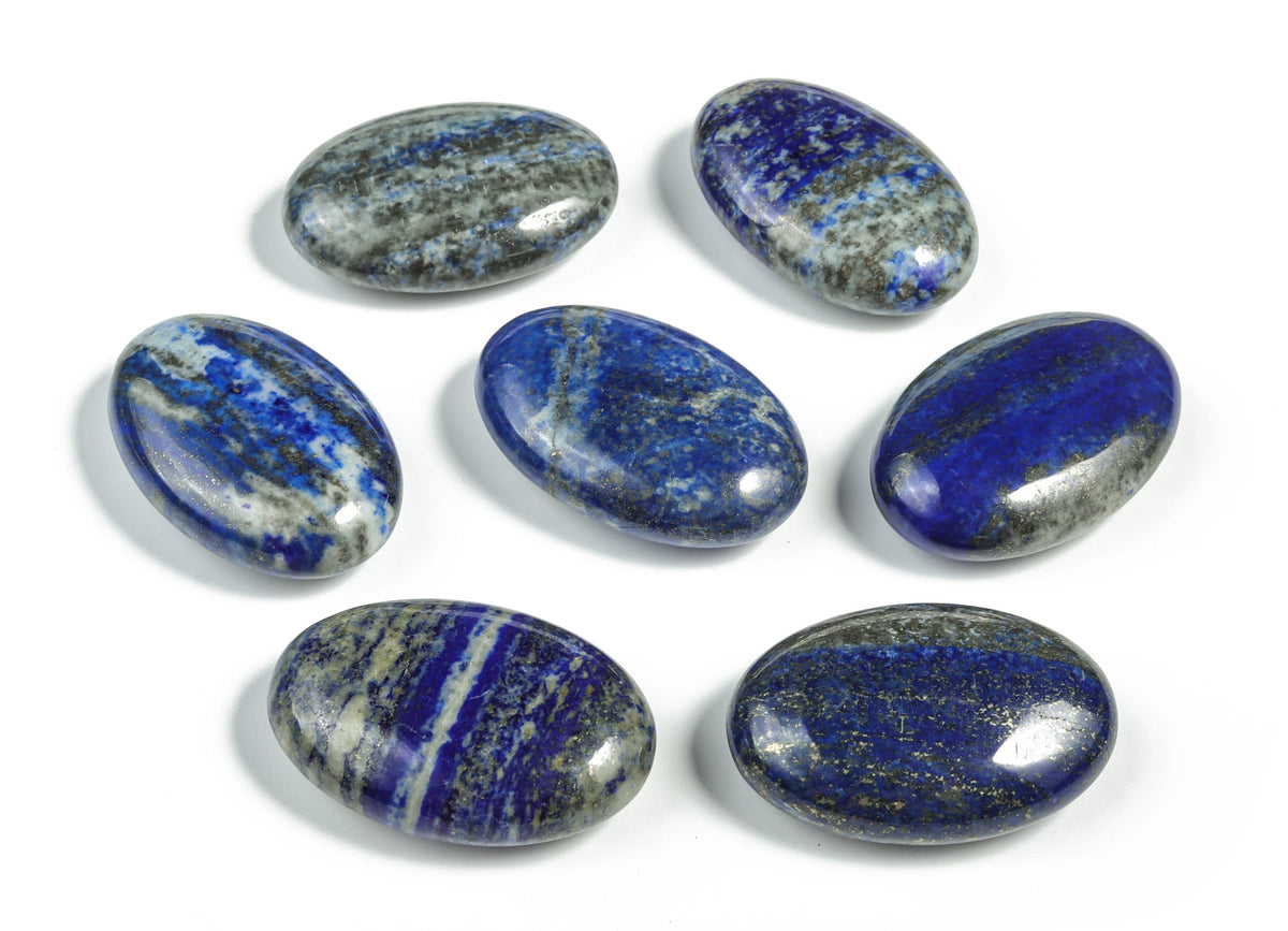 Lapis Lazuli palm gemstone spa stone, 45x35mm, from GemstoneGO, featuring deep blue color with gold flecks and smooth polished surface.