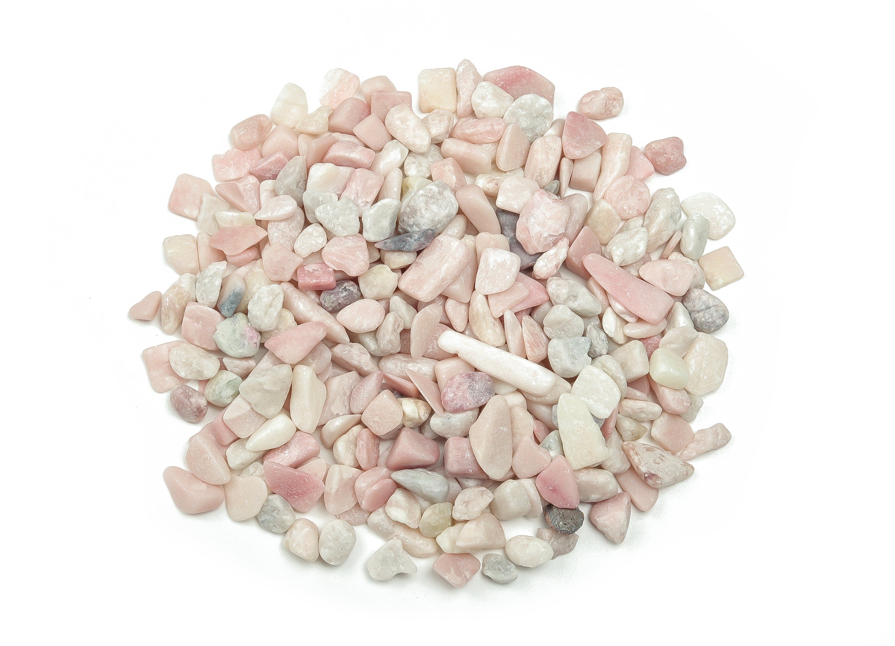 Pink Opal crystal chips from GemstoneGO, semi-tumbled 7-12mm bulk stones showing smooth, pink semi-precious gemstone chips.