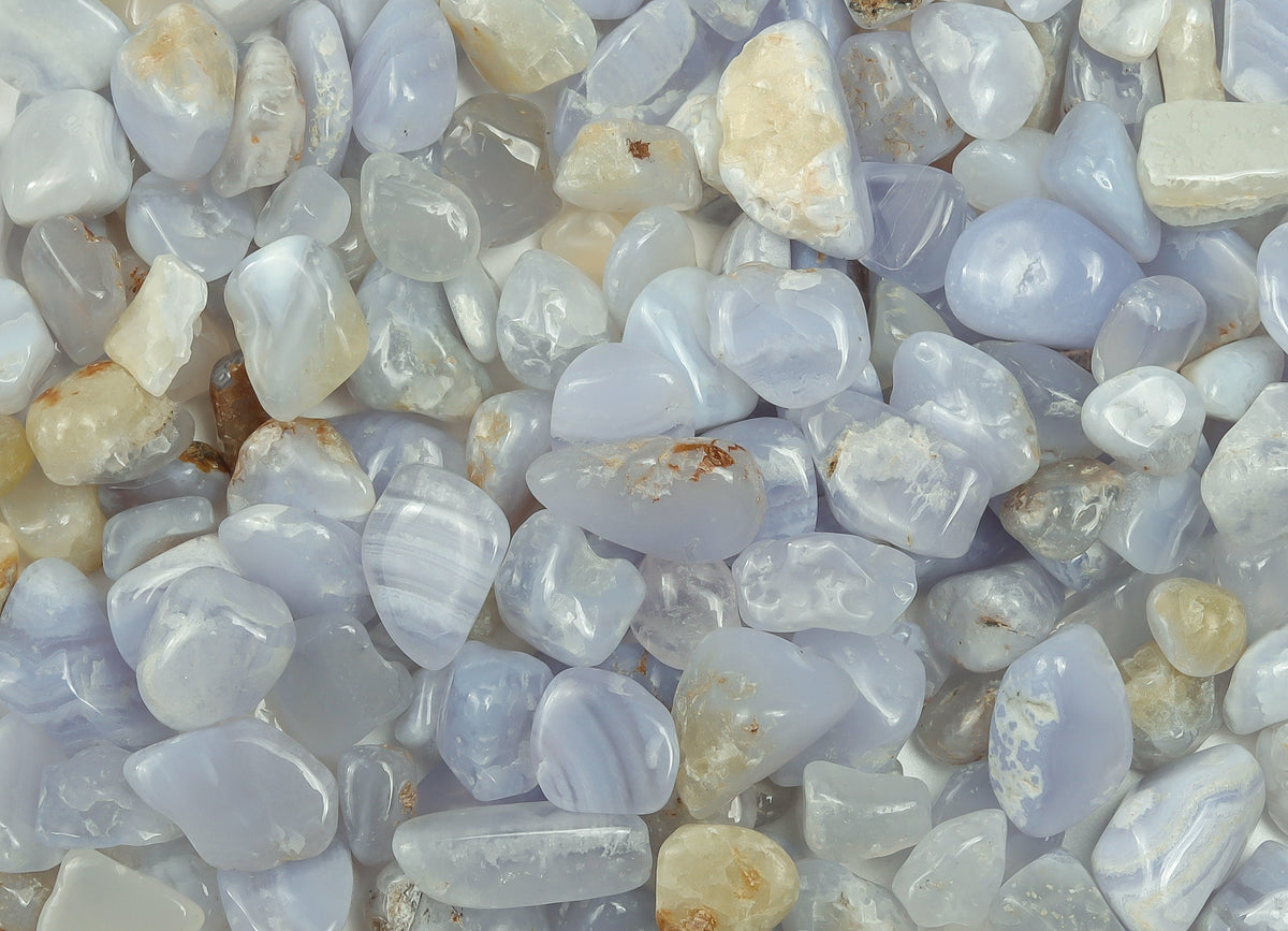 Blue Lace Agate crystal chips, semi-tumbled gemstone, 7-12mm, bulk collection from GemstoneGO, natural blue and white stone pieces