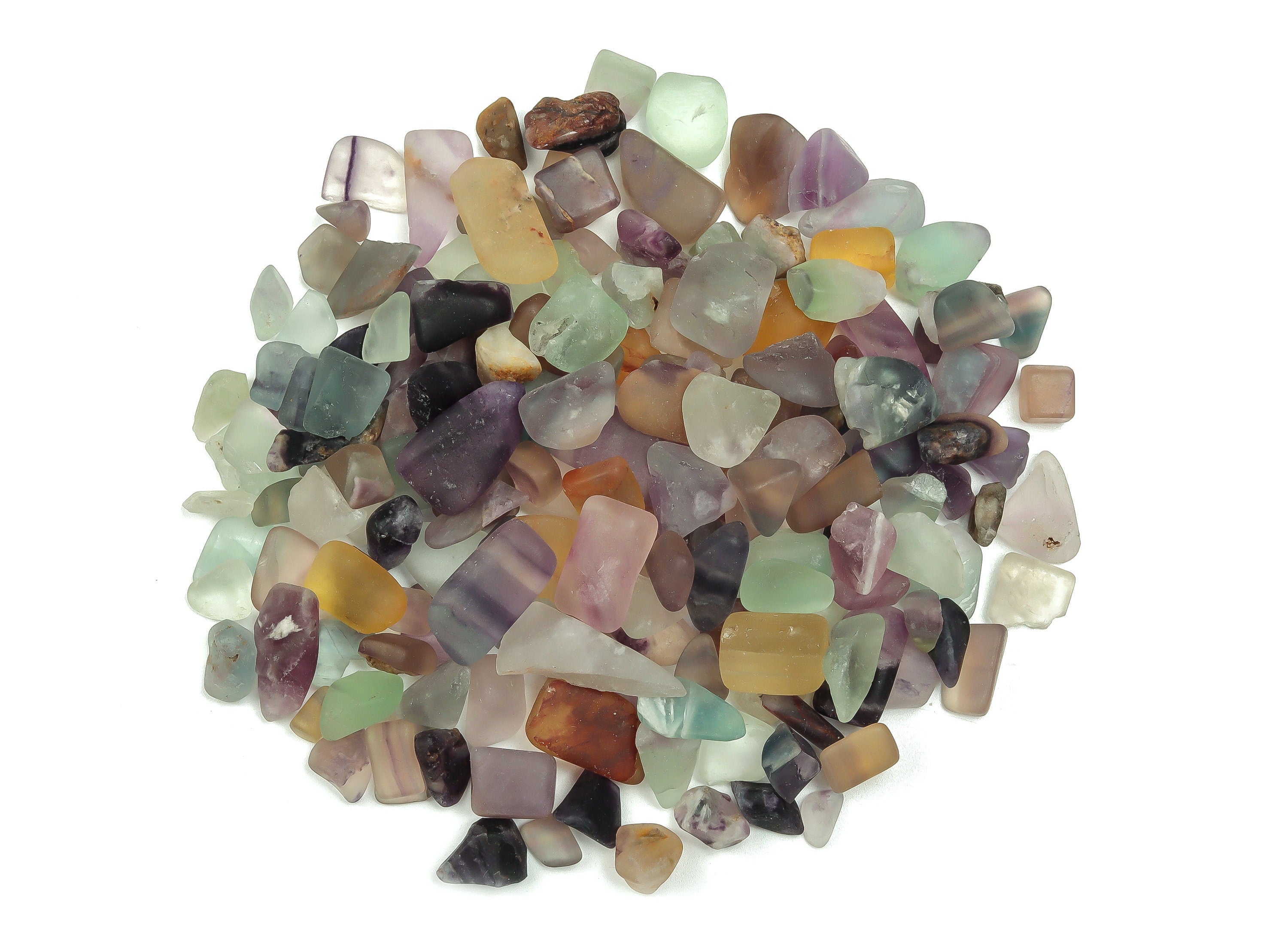 Semi tumbled fluorite crystal chips from GemstoneGO, 7-12mm bulk gemstone stones with vibrant green and purple hues.