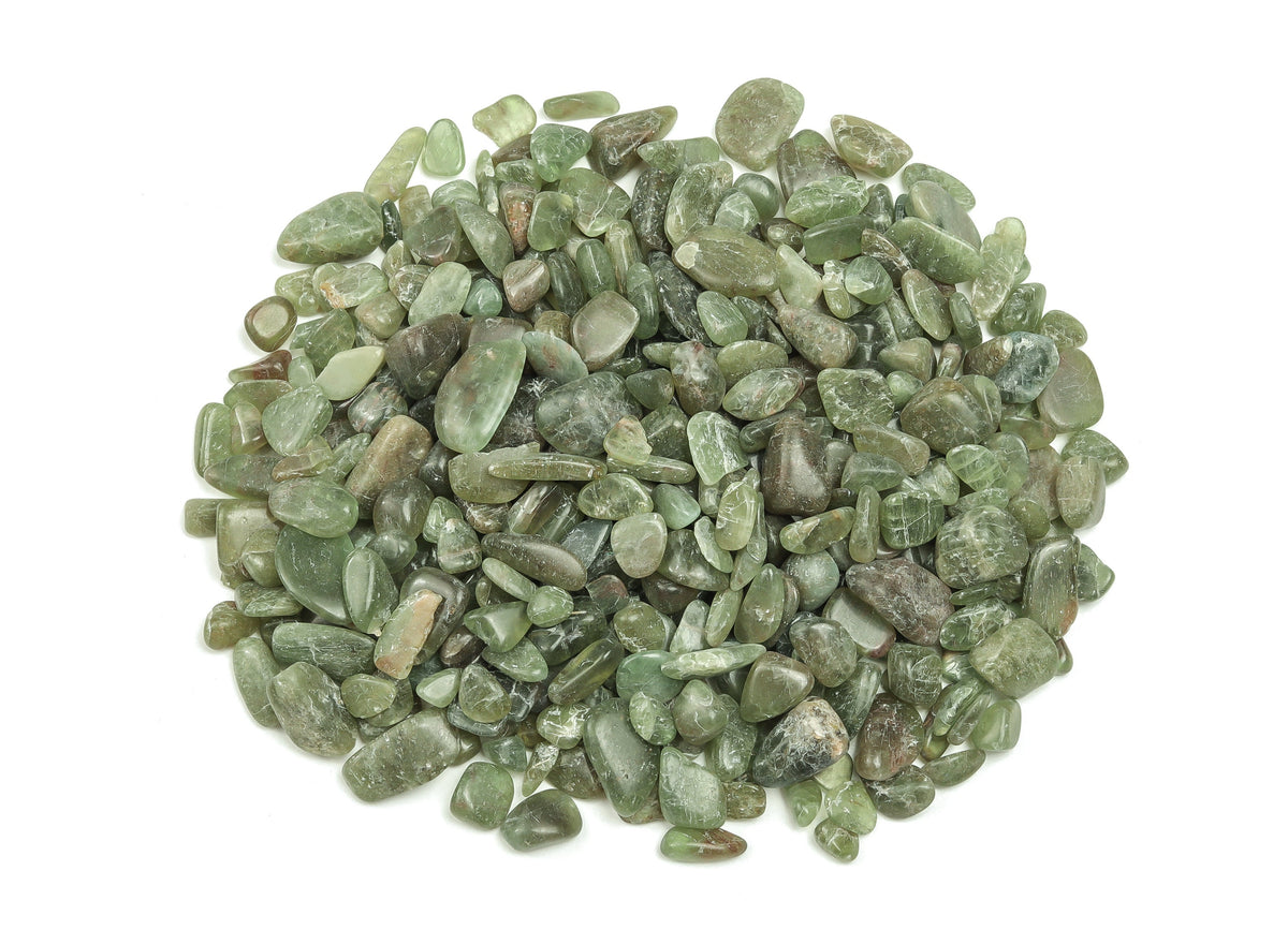 Green Apatite crystal chips in semi-tumbled 7-12mm stones, shown in bulk with vibrant green color and natural crystal texture.