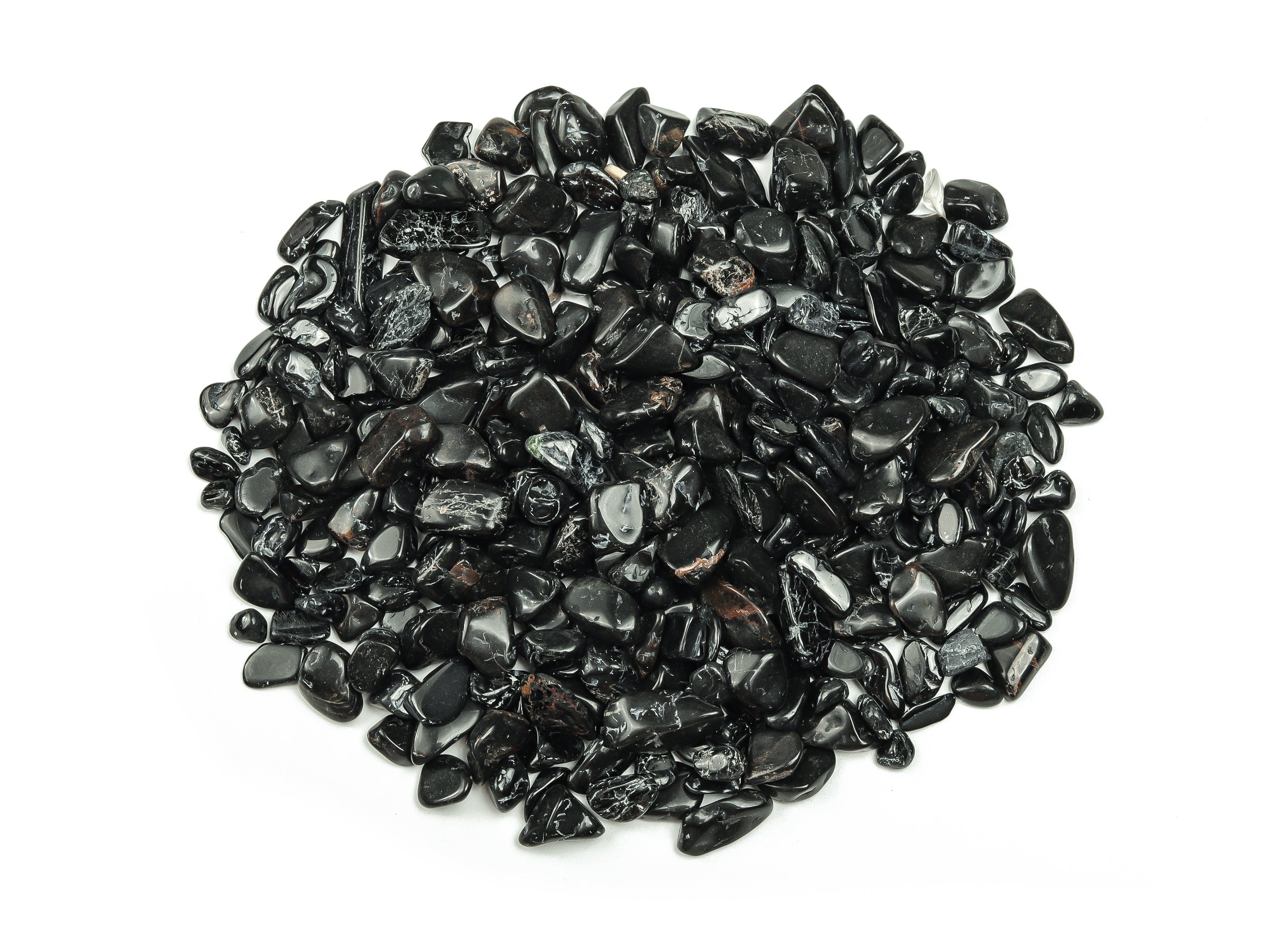 Black Tourmaline crystal chips from GemstoneGO, semi-tumbled 7-12mm bulk stones for jewelry and healing.