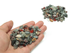 African Bloodstone crystal chips in semi-tumbled 7-12mm size, shown in bulk with rich green and red mineral patterns.
