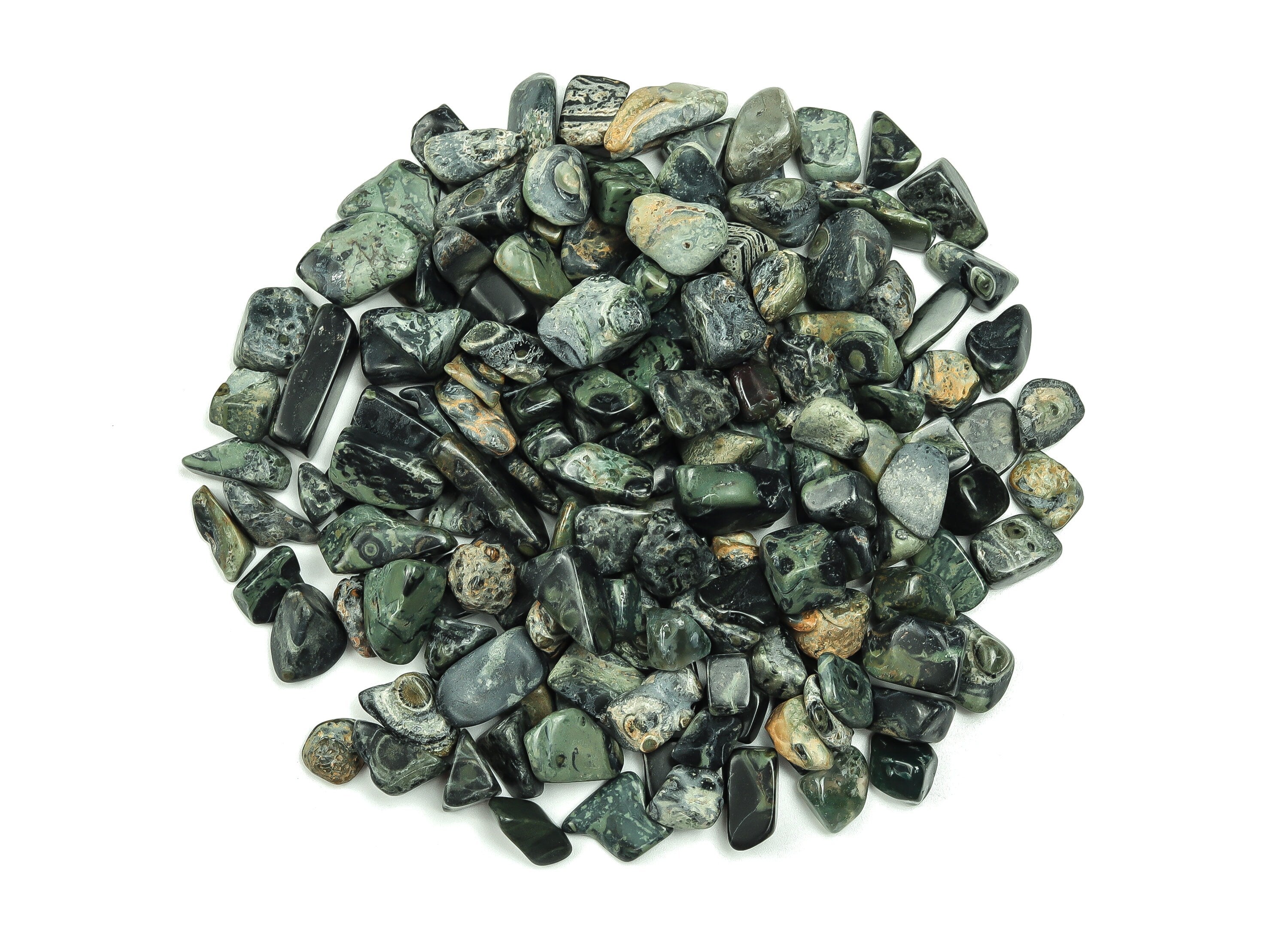 Kambaba Jasper crystal chips, semi-tumbled stones, 7-12mm size, bulk gemstone from GemstoneGO, natural green and black patterned stones.