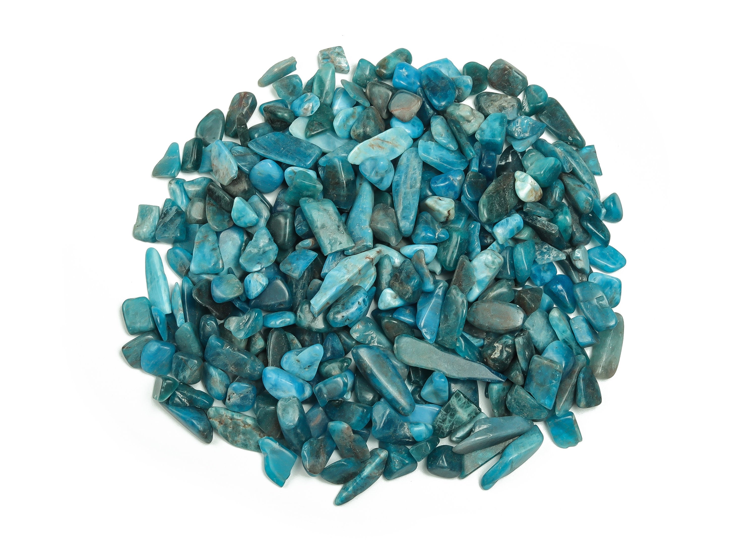 Blue Apatite crystal chips, semi-tumbled gemstone stones in 7-12mm, shown in bulk pack, from GemstoneGO.