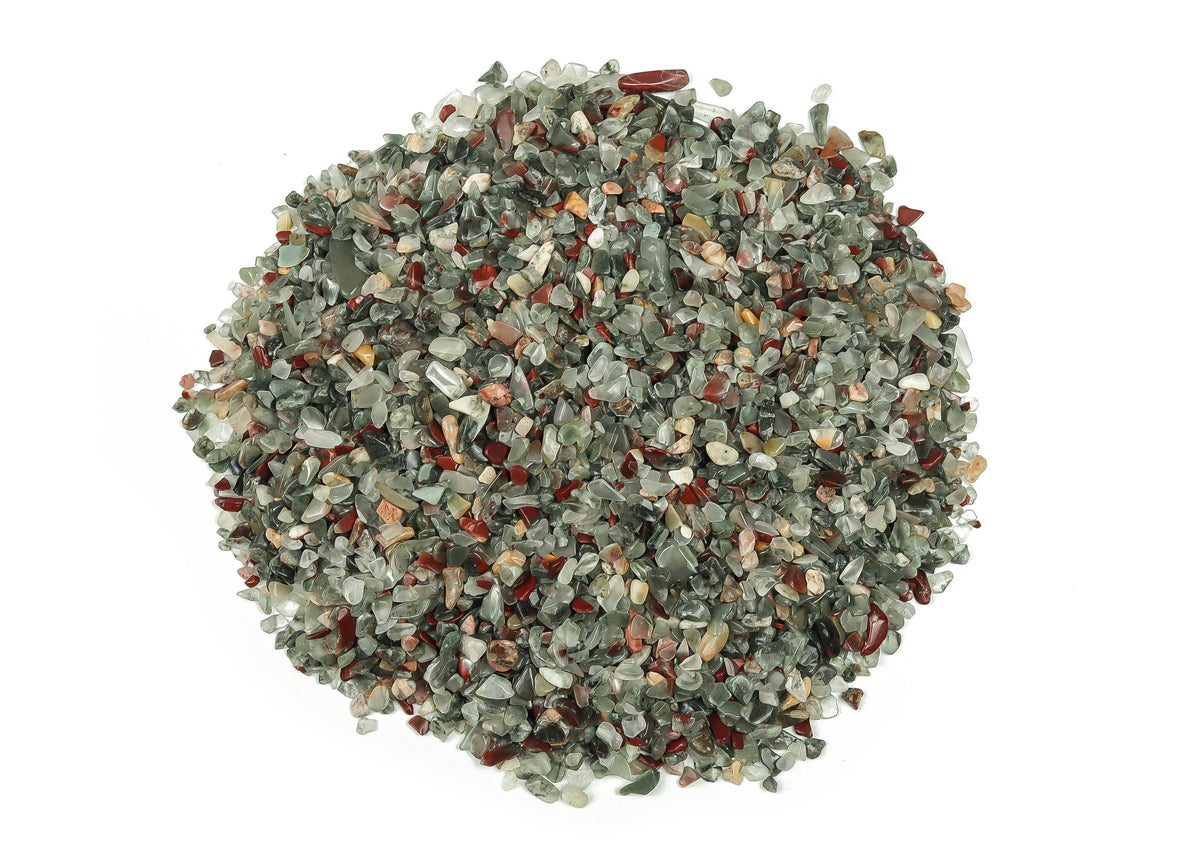 African Bloodstone crystal chips, semi-tumbled 2-6mm gemstone by GemstoneGO, shown in natural bulk collection image.