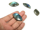 Labradorite leaf-shaped gemstone with hole for jewelry making from GemstoneGO, showcasing iridescent blue and green mineral hues.