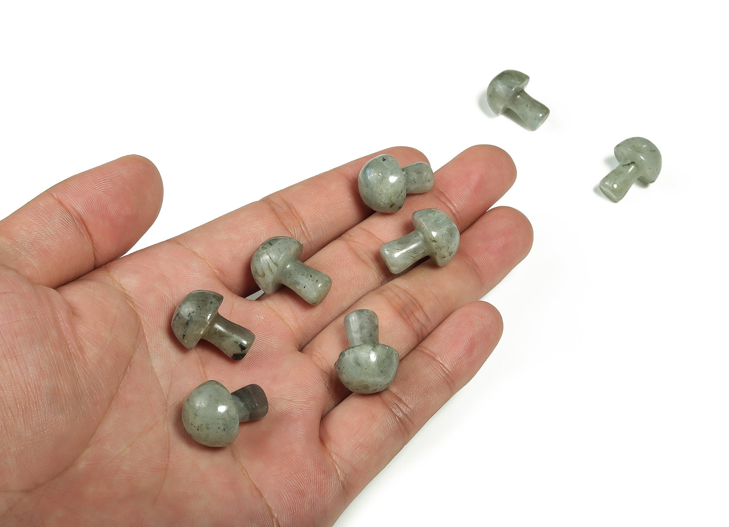 Labradorite mushroom carved gemstone, 20mm, from GemstoneGO, showing iridescent labradorite with natural stone details