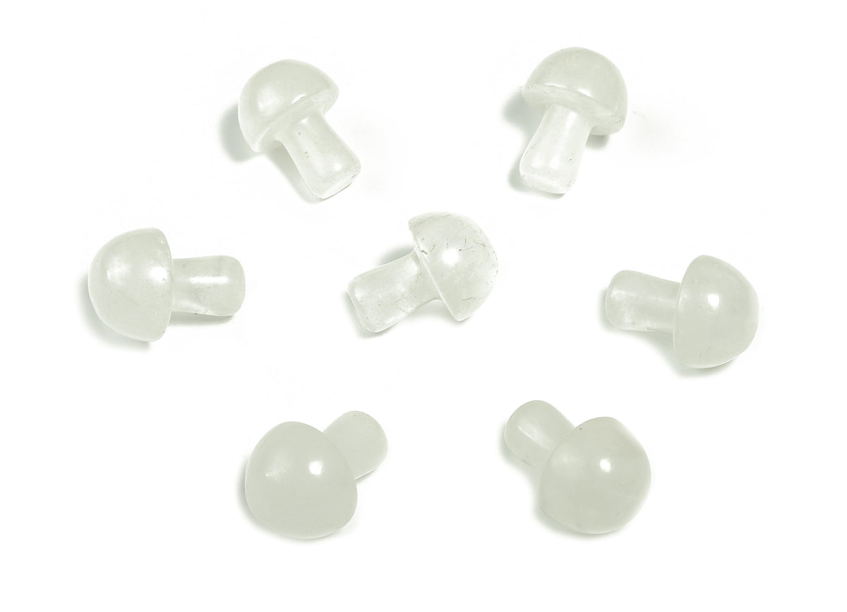 Clear quartz mushroom carved gemstone, 20mm, from GemstoneGO, showing detailed mushroom shape and polished surface.