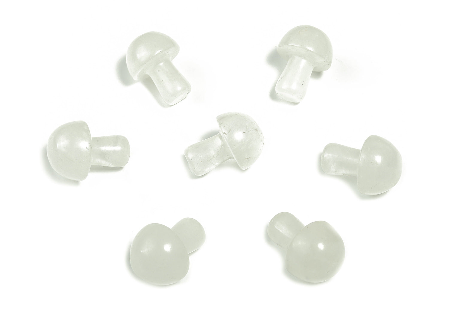 Clear quartz mushroom carved gemstone, 20mm, from GemstoneGO, showing detailed mushroom shape and polished surface.