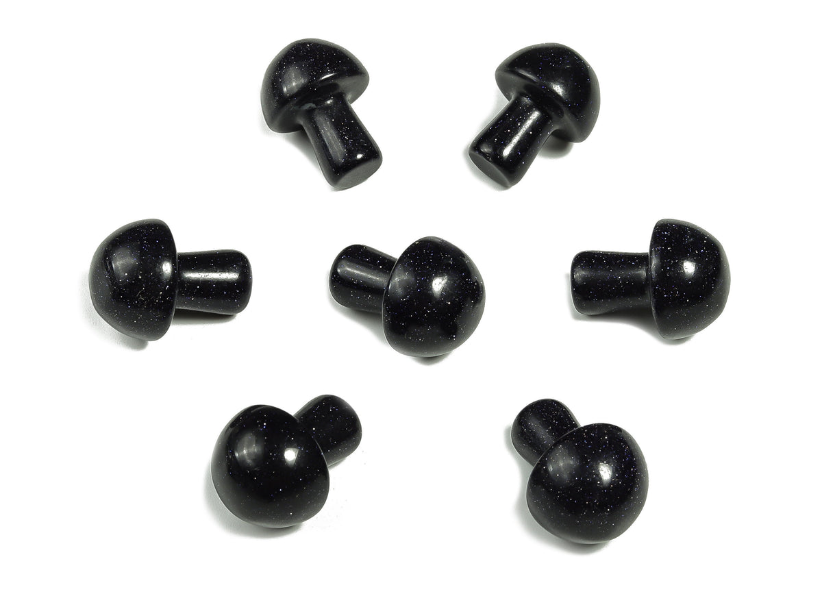 Blue Goldstone mushroom carved gemstone, 20mm, showcasing detailed craftsmanship and vibrant blue color with gold flecks.