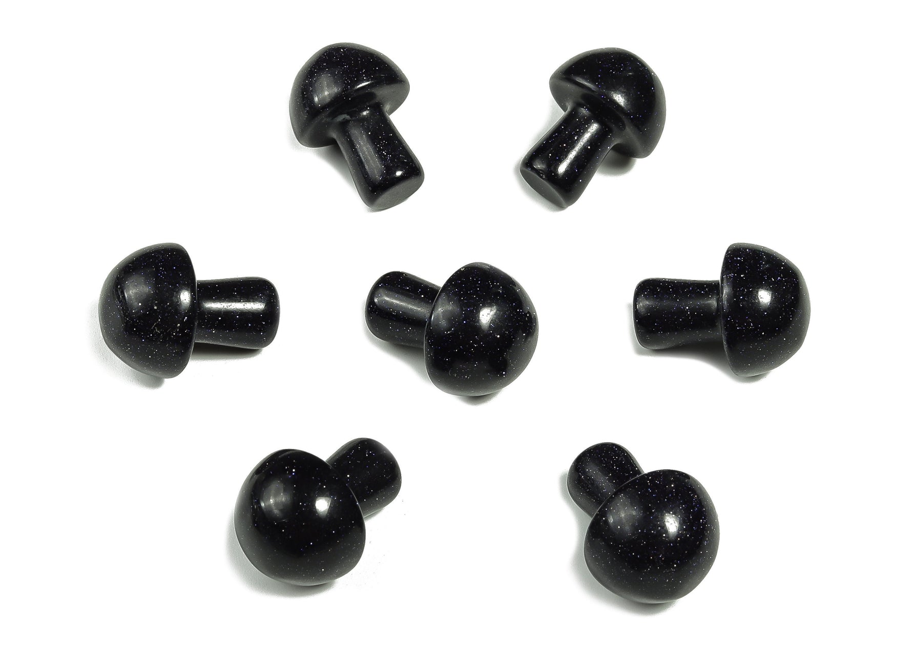 Blue Goldstone mushroom carved gemstone, 20mm, showcasing detailed craftsmanship and vibrant blue color with gold flecks.