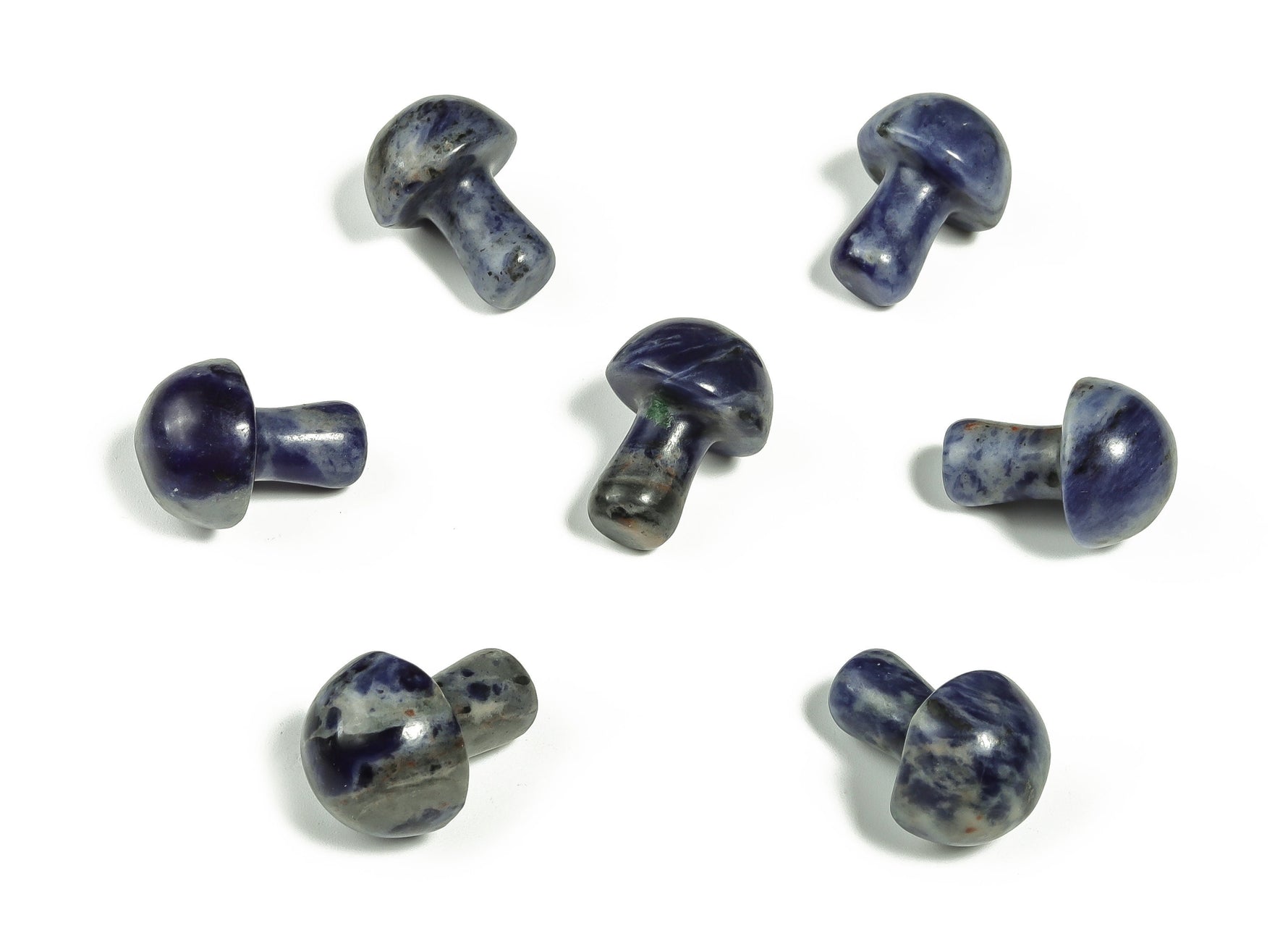 Sodalite mushroom carved gemstone, 20mm, showcasing blue and white natural stone with carved cap and stem details.