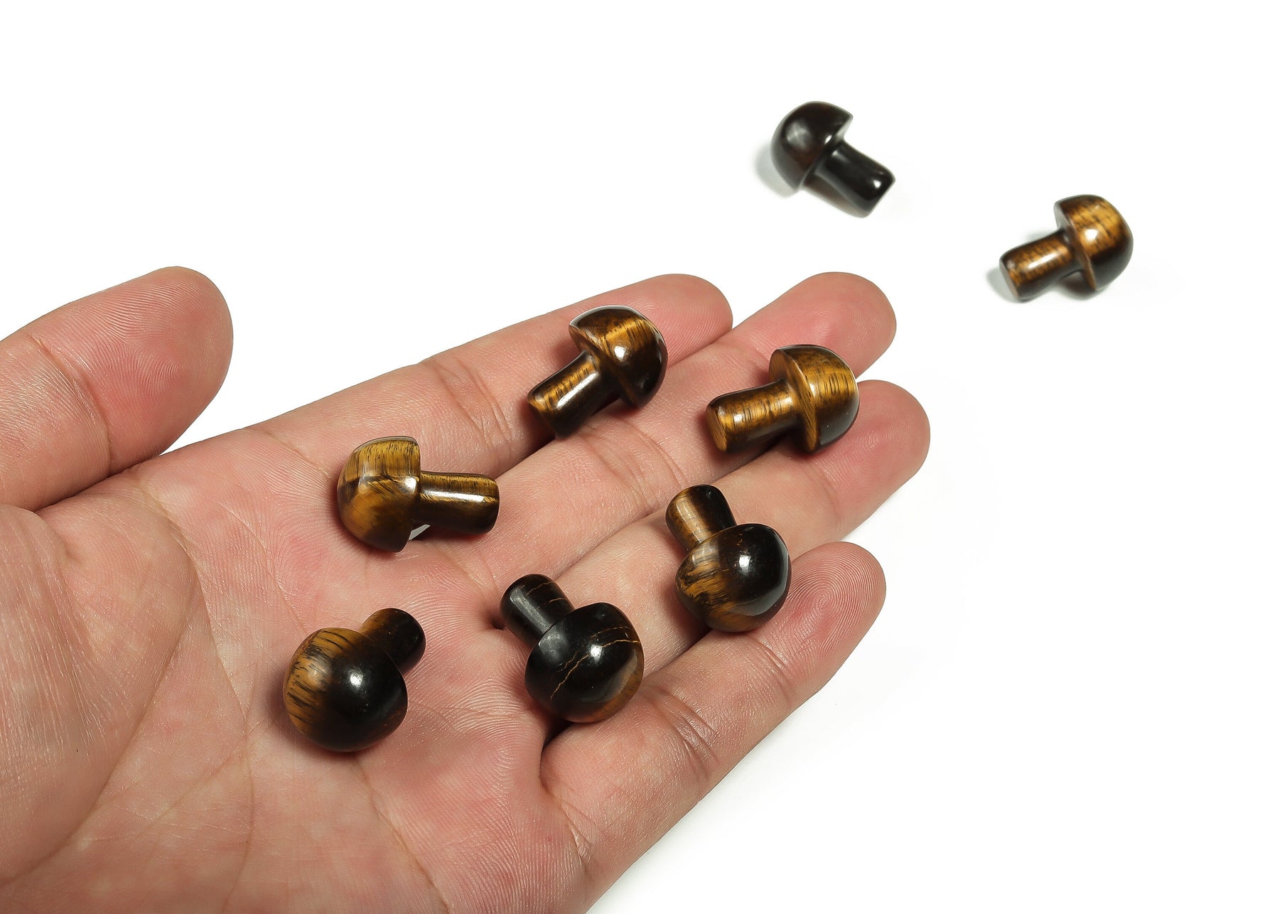20mm Tiger Eye mushroom carved gemstone by GemstoneGO, featuring detailed tiger eye stone with mushroom shape and natural earthy tones.