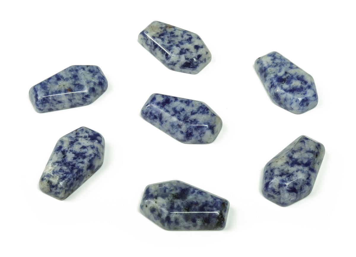 Blue Spot Jasper coffin-shaped cabochon gemstone from GemstoneGO, featuring detailed crystal carving, 30mm size.