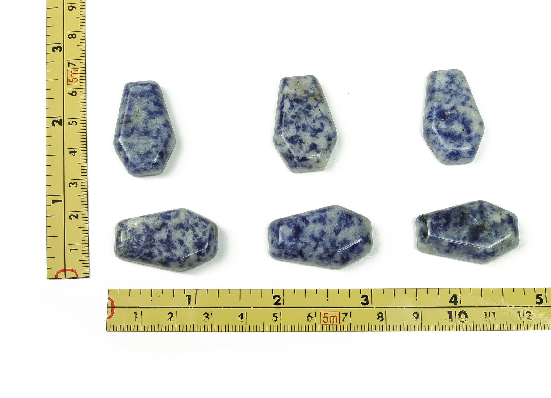 Blue Spot Jasper coffin-shaped crystal cabochon, 30mm gemstone carving by GemstoneGO with vibrant blue spots.