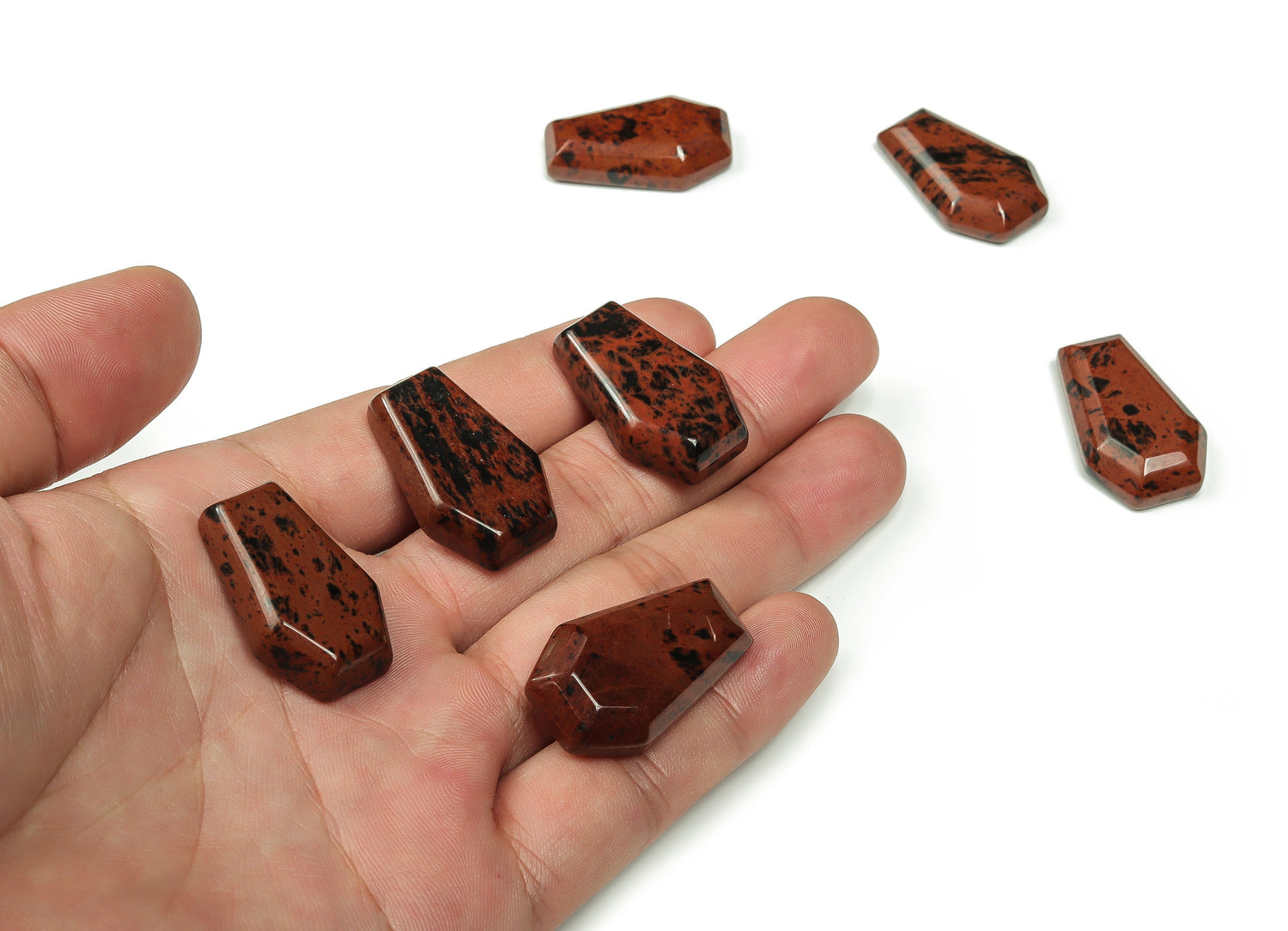 Mahogany Obsidian coffin-shaped crystal cabochon carving, 30mm gemstone with polished surface from GemstoneGO.
