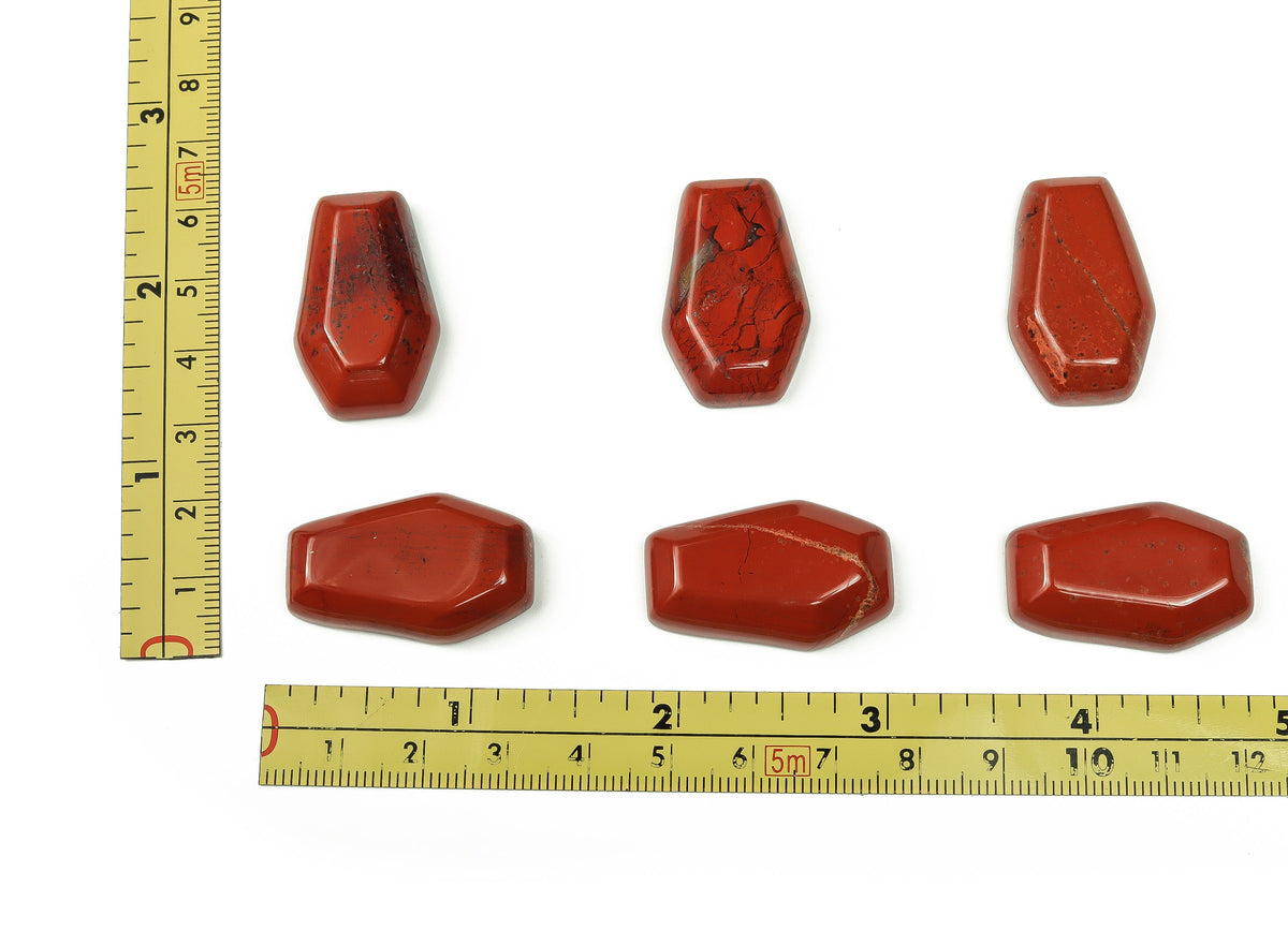 Red Jasper coffin-shaped crystal cabochon, 30mm gemstone carving by GemstoneGO, showcasing polished red jasper stone with smooth surfaces.