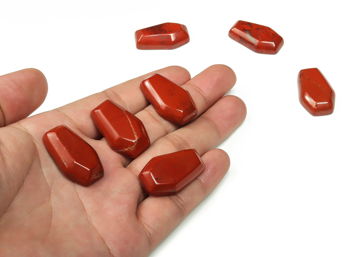 Red Jasper coffin-shaped crystal cabochon carved for healing and decorative use, 30mm size by GemstoneGO.