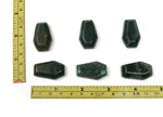 Moss agate coffin-shaped crystal cabochon carved from gemstone, measuring 30mm, with intricate natural green and brown patterns.