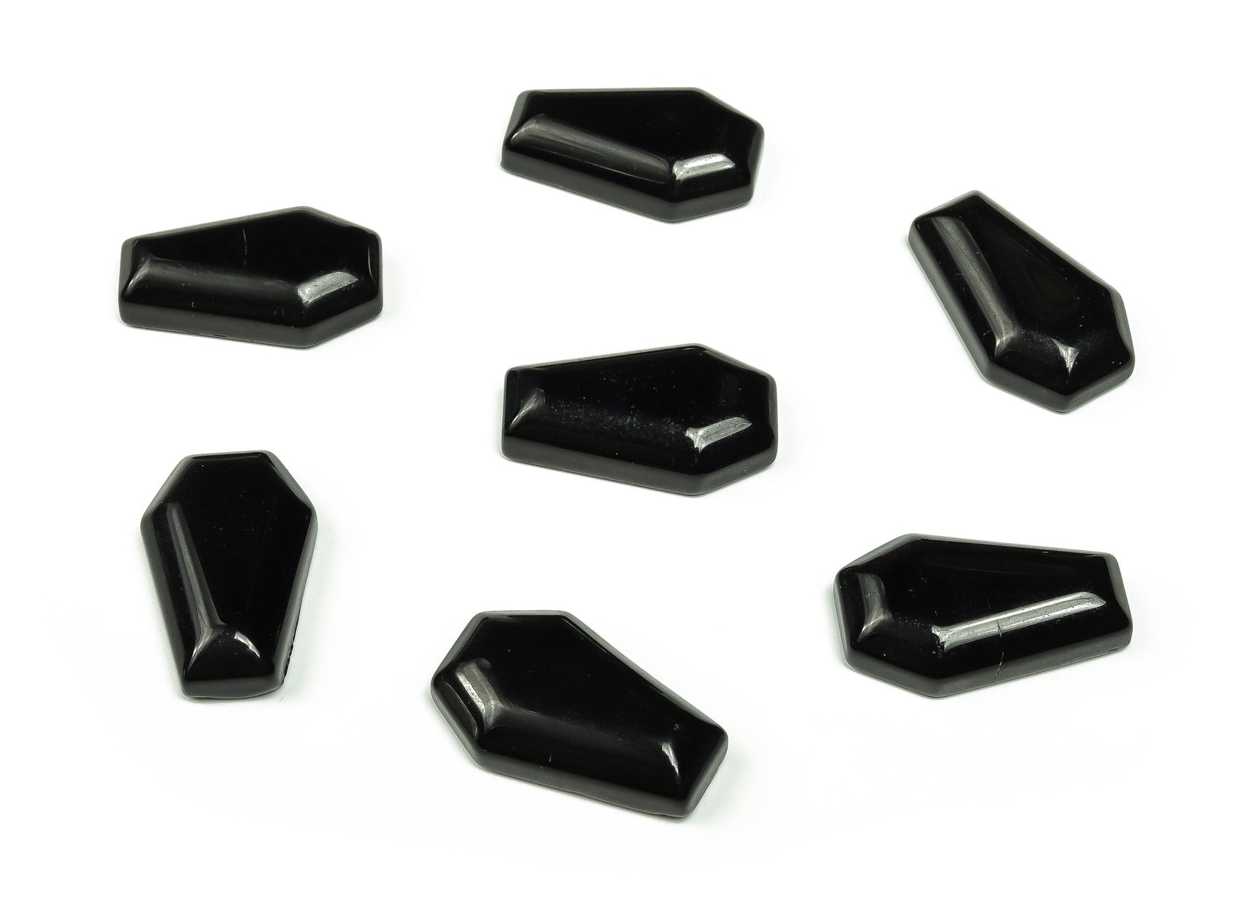 Obsidian coffin-shaped crystal cabochon with carved details, 30mm gemstone from GemstoneGO for collection or jewelry making.