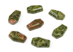 Unakite coffin-shaped crystal cabochon, 30mm gemstone carving from GemstoneGO, featuring vibrant green and pink mineral details.