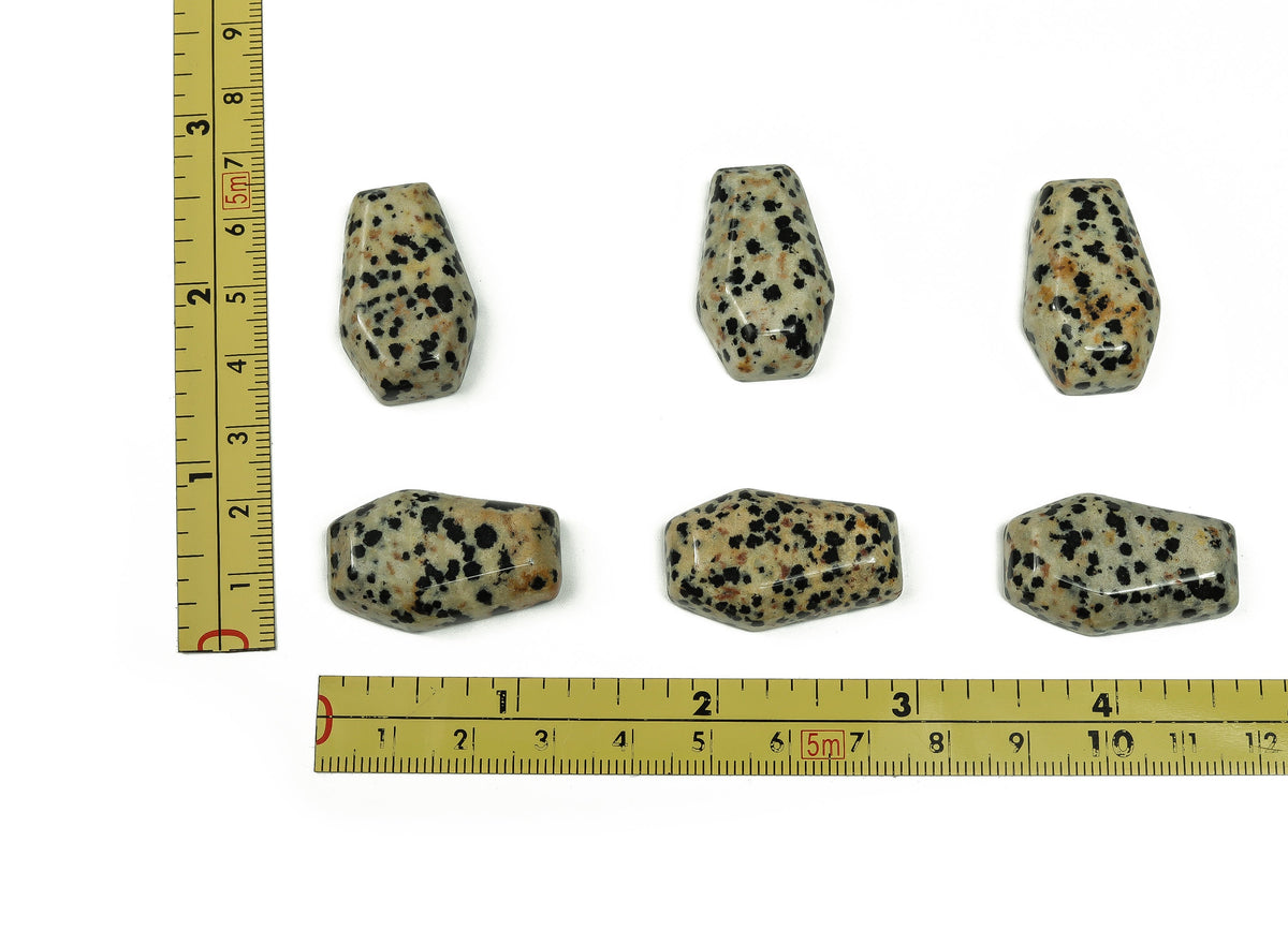 Dalmatian Jasper coffin-shaped crystal cabochon, 30mm gemstone carving by GemstoneGO featuring distinctive black spots on creamy background.