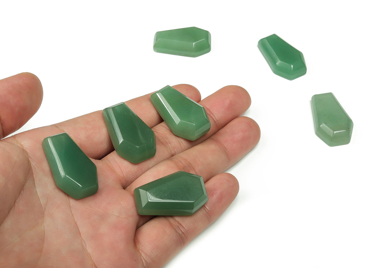 A 30mm aventurine coffin-shaped crystal cabochon with polished surface, gemstone carving by GemstoneGO.