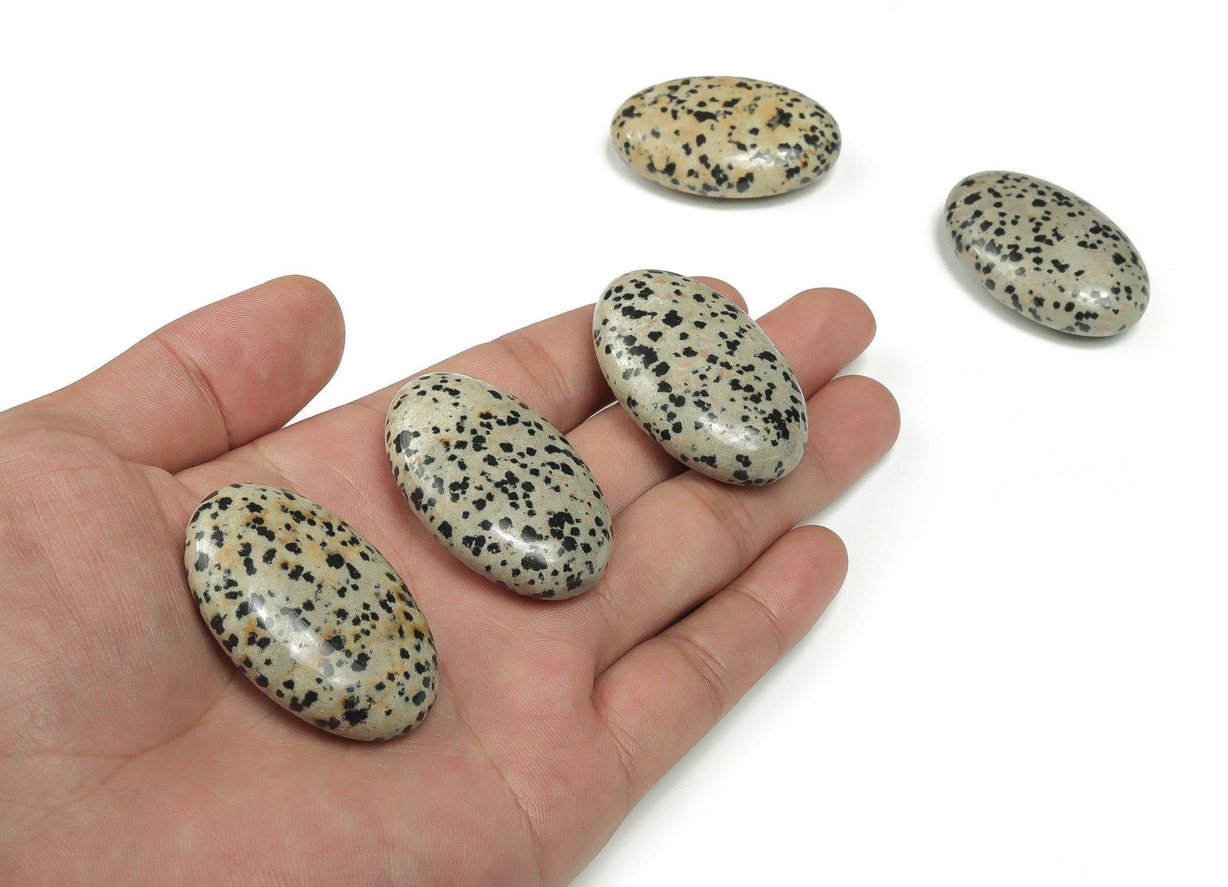 Dalmatian Jasper palm gemstone spa stone, 45x35mm, smooth oval shape with black spots on cream-colored stone for relaxation and meditation.