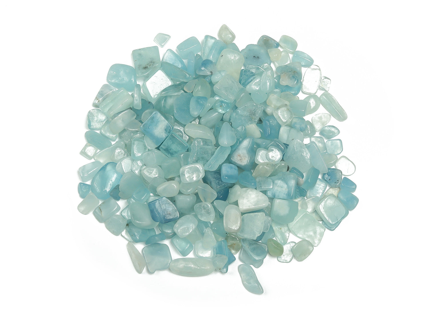Semi-tumbled aquamarine crystal chips in 6-10mm, showcasing vibrant blue-green gemstone fragments for jewelry or craft projects.