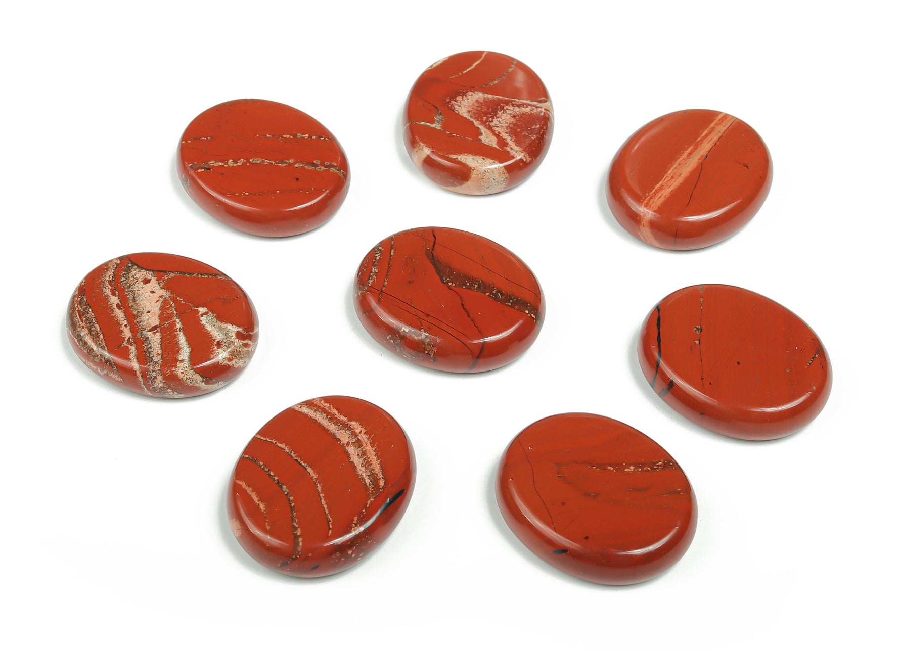 Red Jasper flat gemstone slab measuring 30x25x7 cm, featuring vibrant red mineral patterns and smooth polished surface.